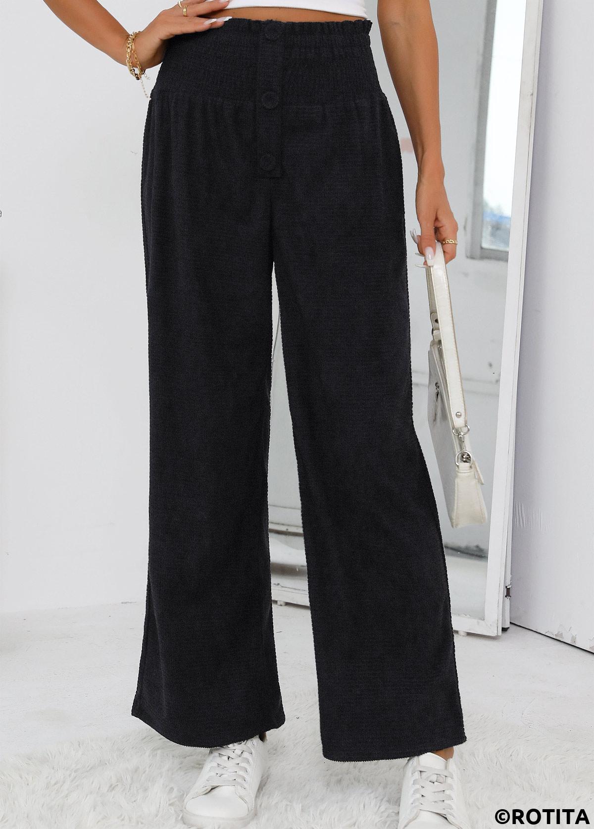 Black bottoms,Plain Color bottoms,Black Wide Leg Elastic Waist High Waisted Pants