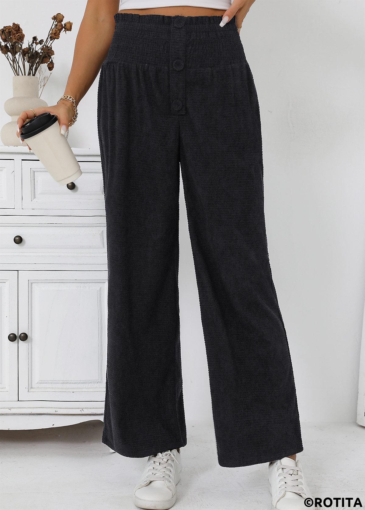 Black bottoms,Plain Color bottoms,Black Wide Leg Elastic Waist High Waisted Pants