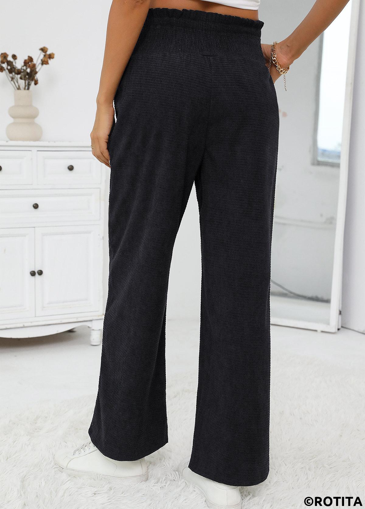Black bottoms,Plain Color bottoms,Black Wide Leg Elastic Waist High Waisted Pants