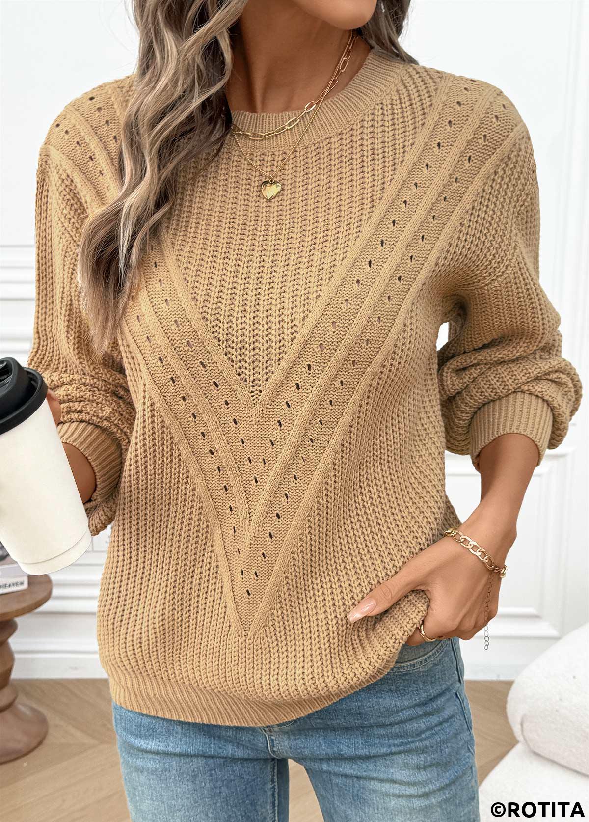 Light Camel tops,Plain Color tops,Tummy Coverage Light Camel Round Neck Long Sleeve Sweater