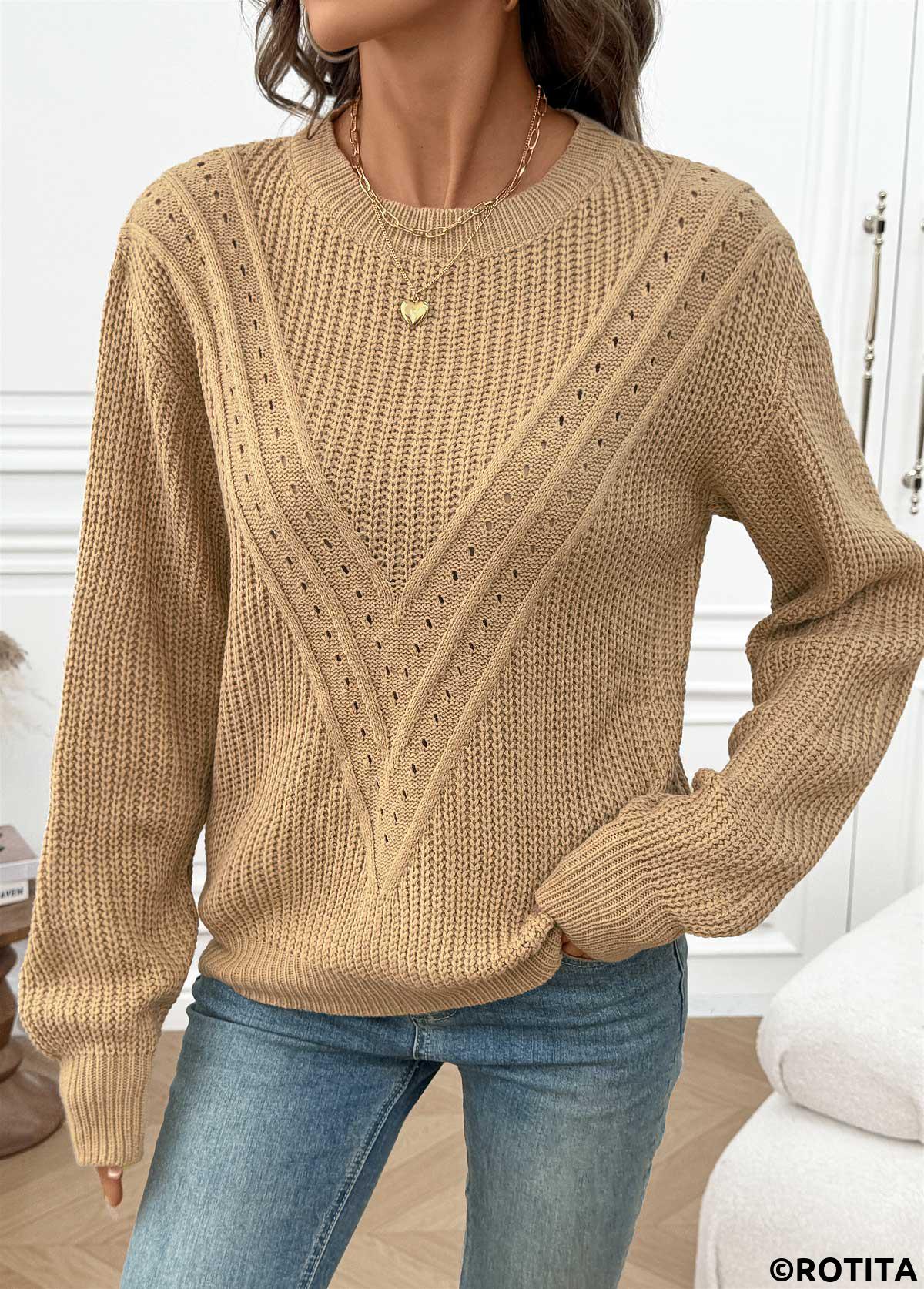 Light Camel tops,Plain Color tops,Tummy Coverage Light Camel Round Neck Long Sleeve Sweater
