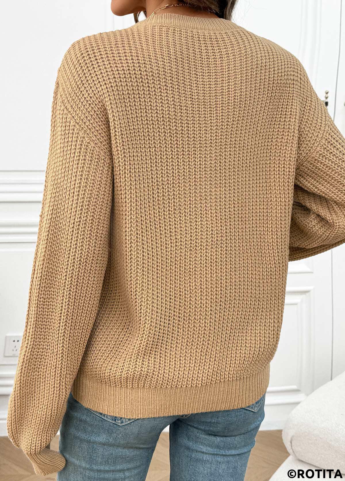 Light Camel tops,Plain Color tops,Tummy Coverage Light Camel Round Neck Long Sleeve Sweater