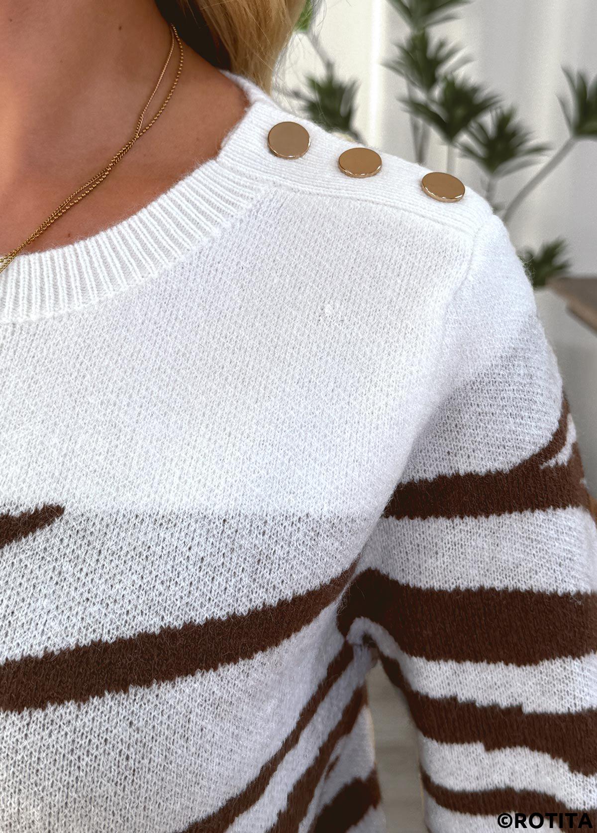 White tops,Other tops,Button White Round Neck Long Sleeve Sweater