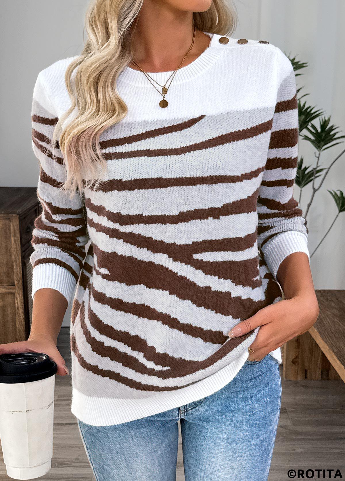 White tops,Other tops,Button White Round Neck Long Sleeve Sweater