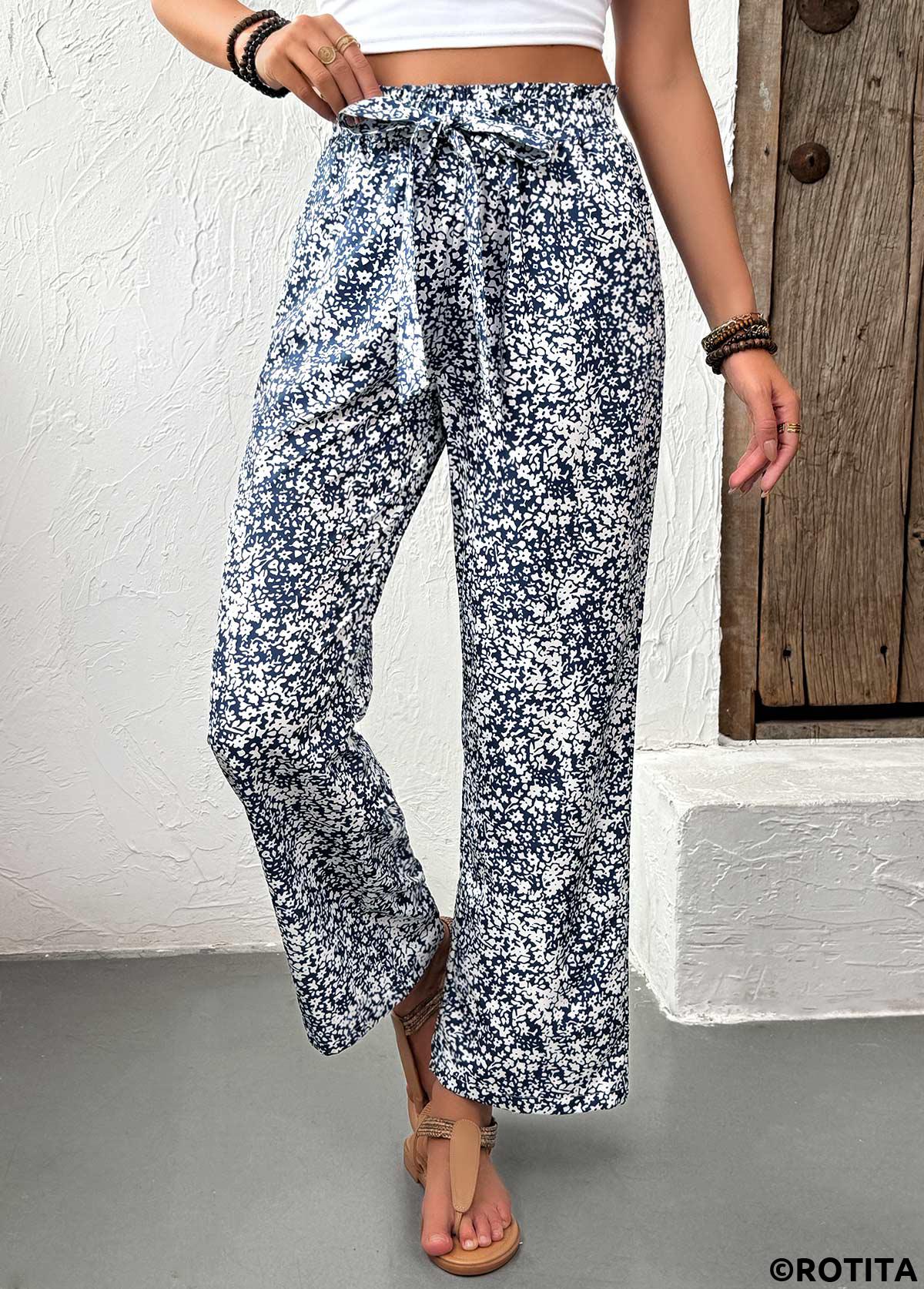 Light Blue bottoms,Ditsy Floral bottoms,Ditsy Floral Print Light Blue Straight Leg Pants