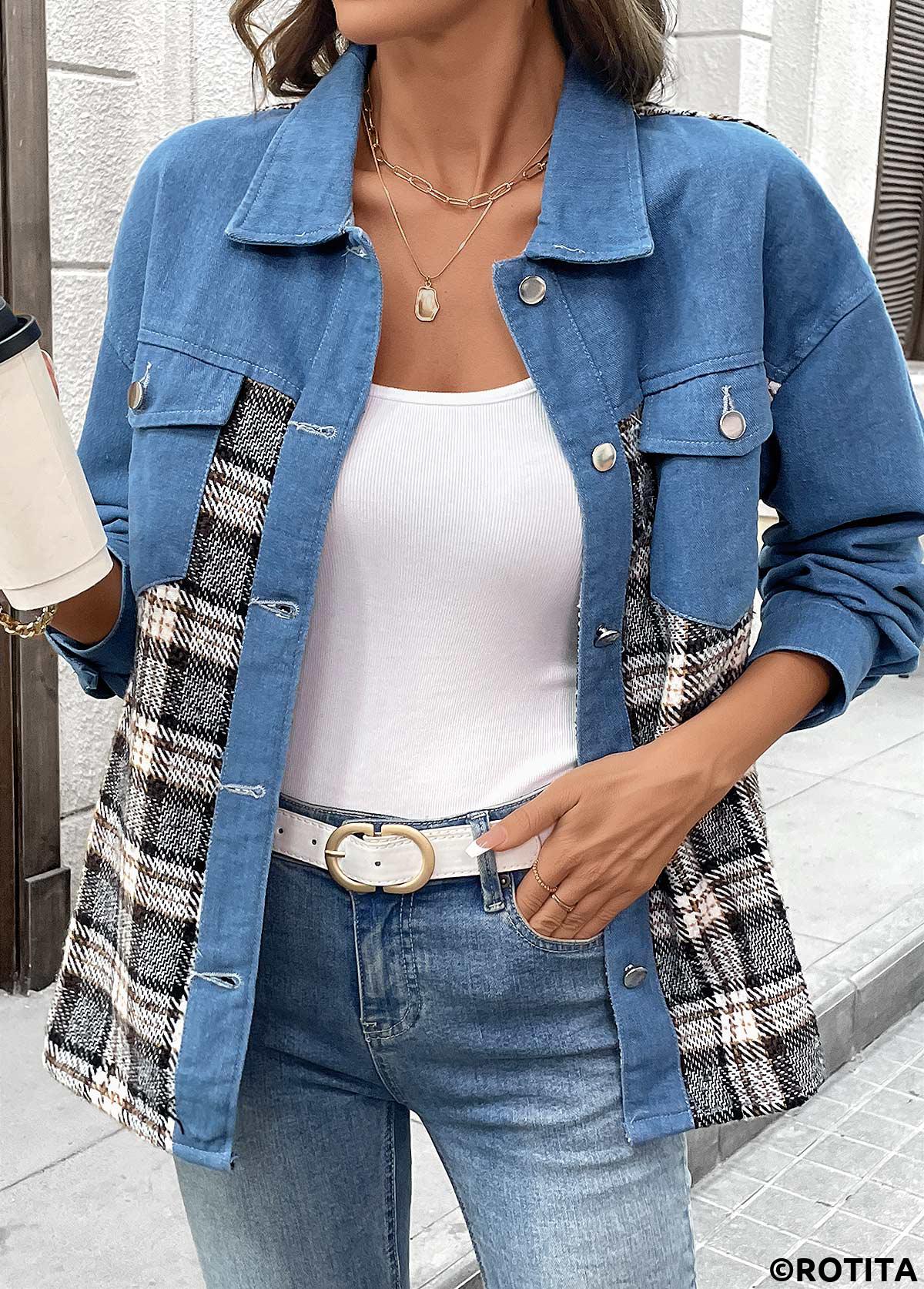 Denim Blue tops,Plaid tops,Geometric tops,Tummy Coverage Plaid Denim Blue Turn Down Collar Coat