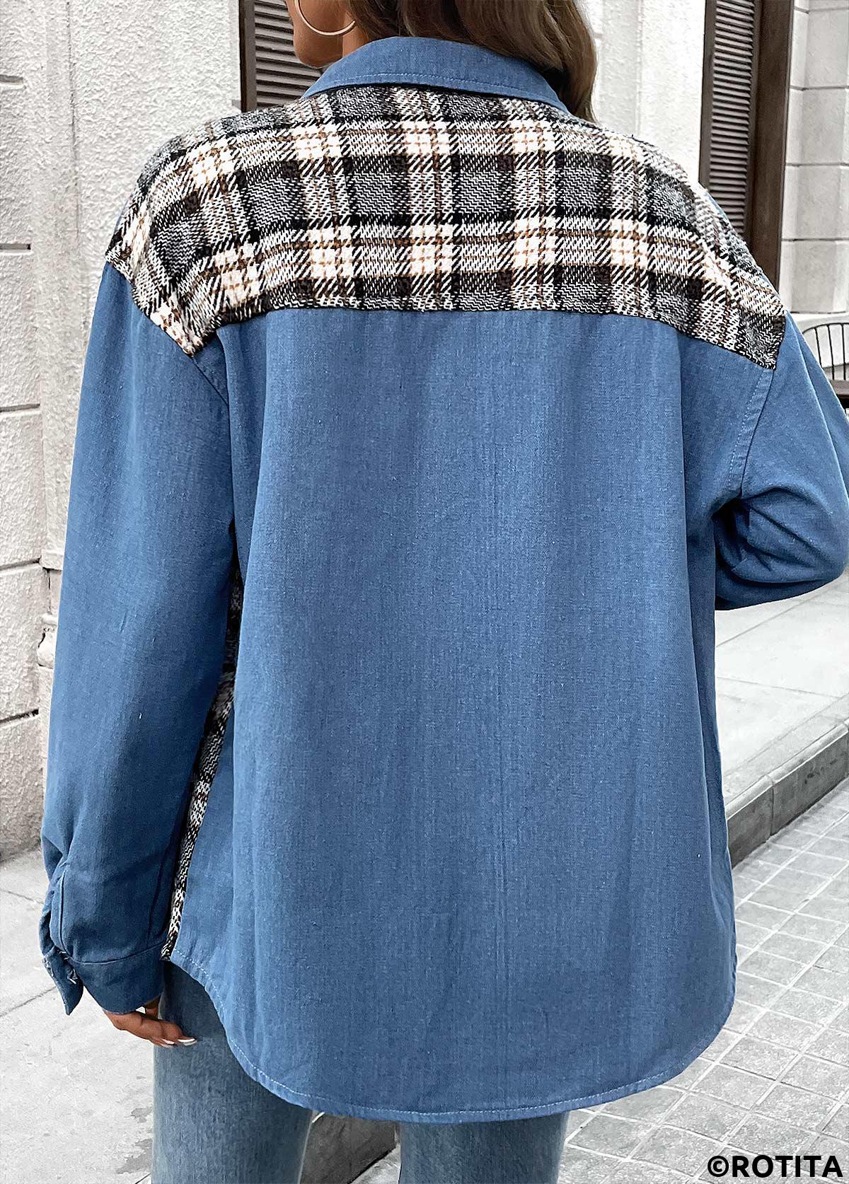 Denim Blue tops,Plaid tops,Geometric tops,Tummy Coverage Plaid Denim Blue Turn Down Collar Coat