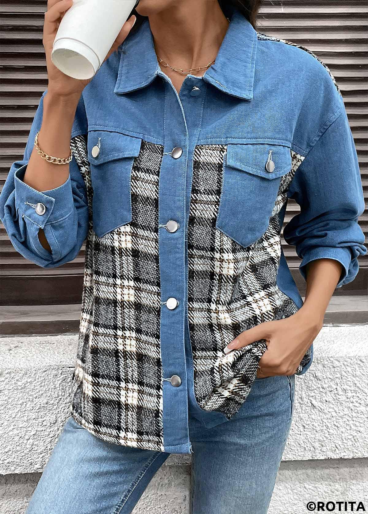 Denim Blue tops,Plaid tops,Geometric tops,Tummy Coverage Plaid Denim Blue Turn Down Collar Coat