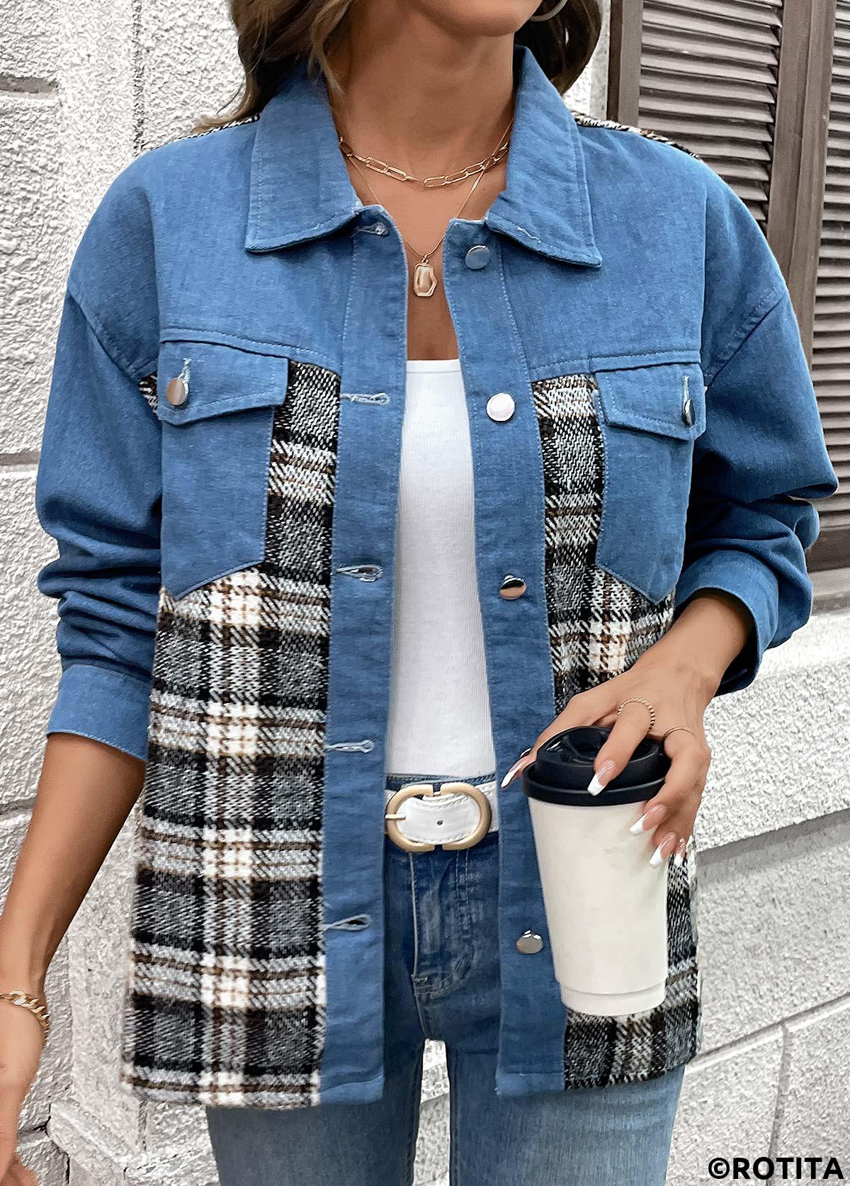 Denim Blue tops,Plaid tops,Geometric tops,Tummy Coverage Plaid Denim Blue Turn Down Collar Coat