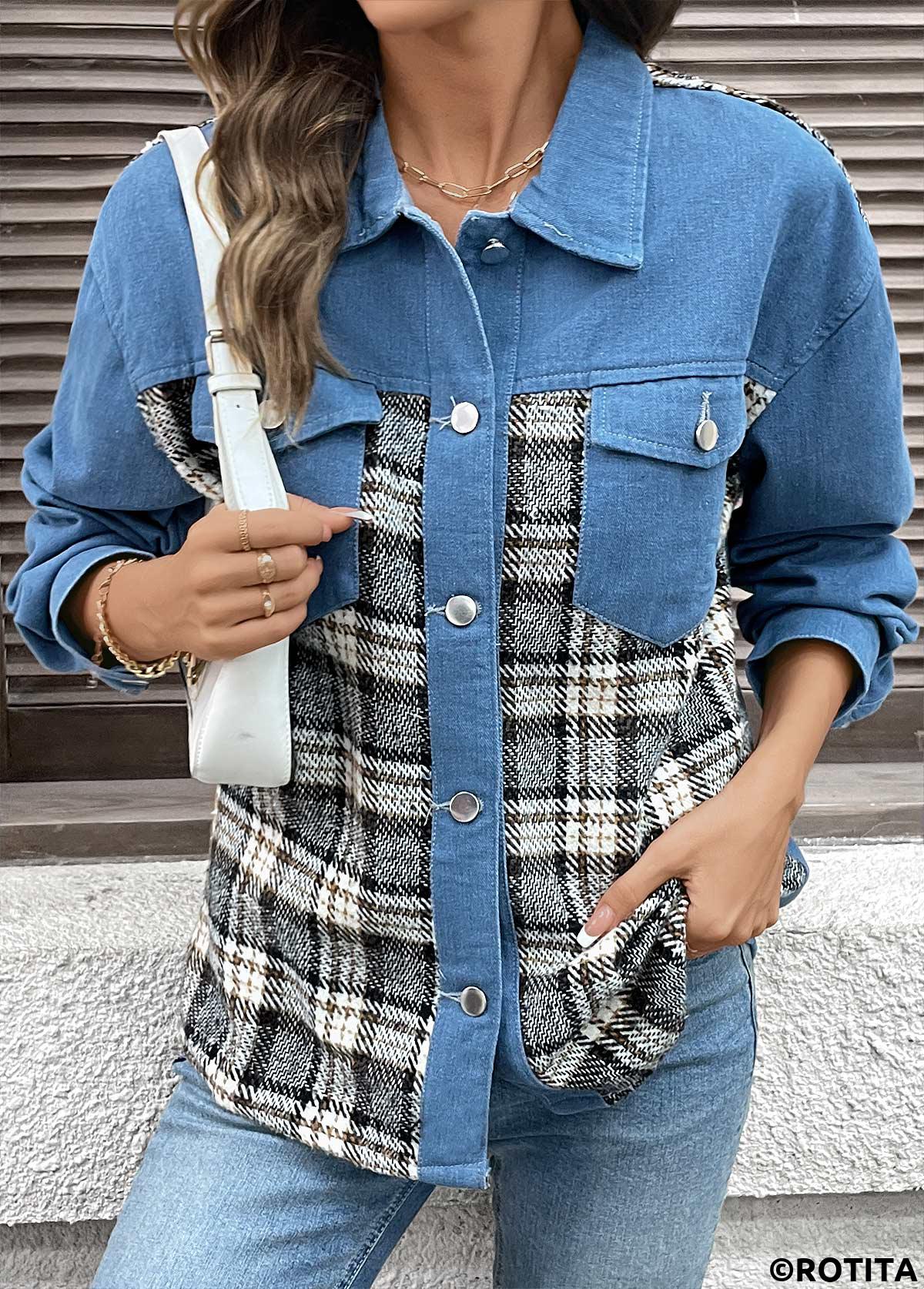 Denim Blue tops,Plaid tops,Geometric tops,Tummy Coverage Plaid Denim Blue Turn Down Collar Coat