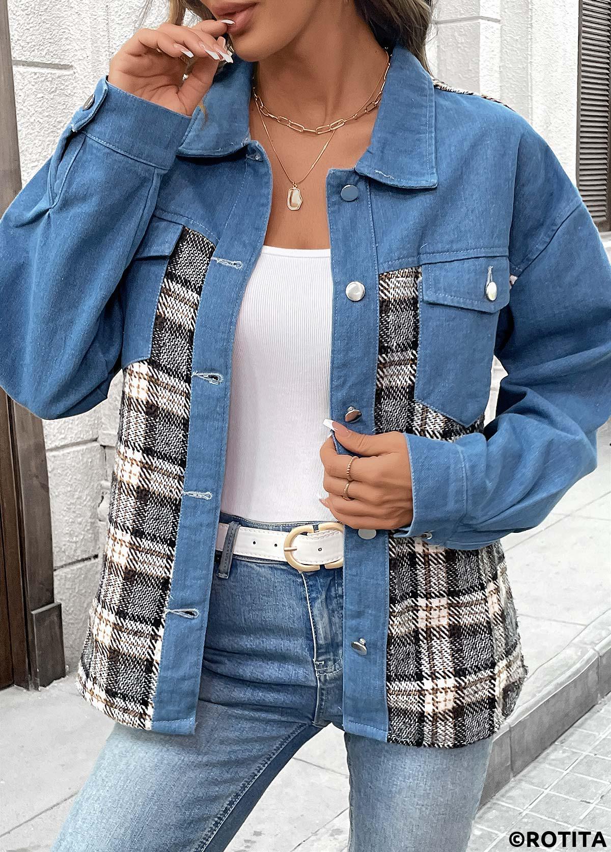 Denim Blue tops,Plaid tops,Geometric tops,Tummy Coverage Plaid Denim Blue Turn Down Collar Coat