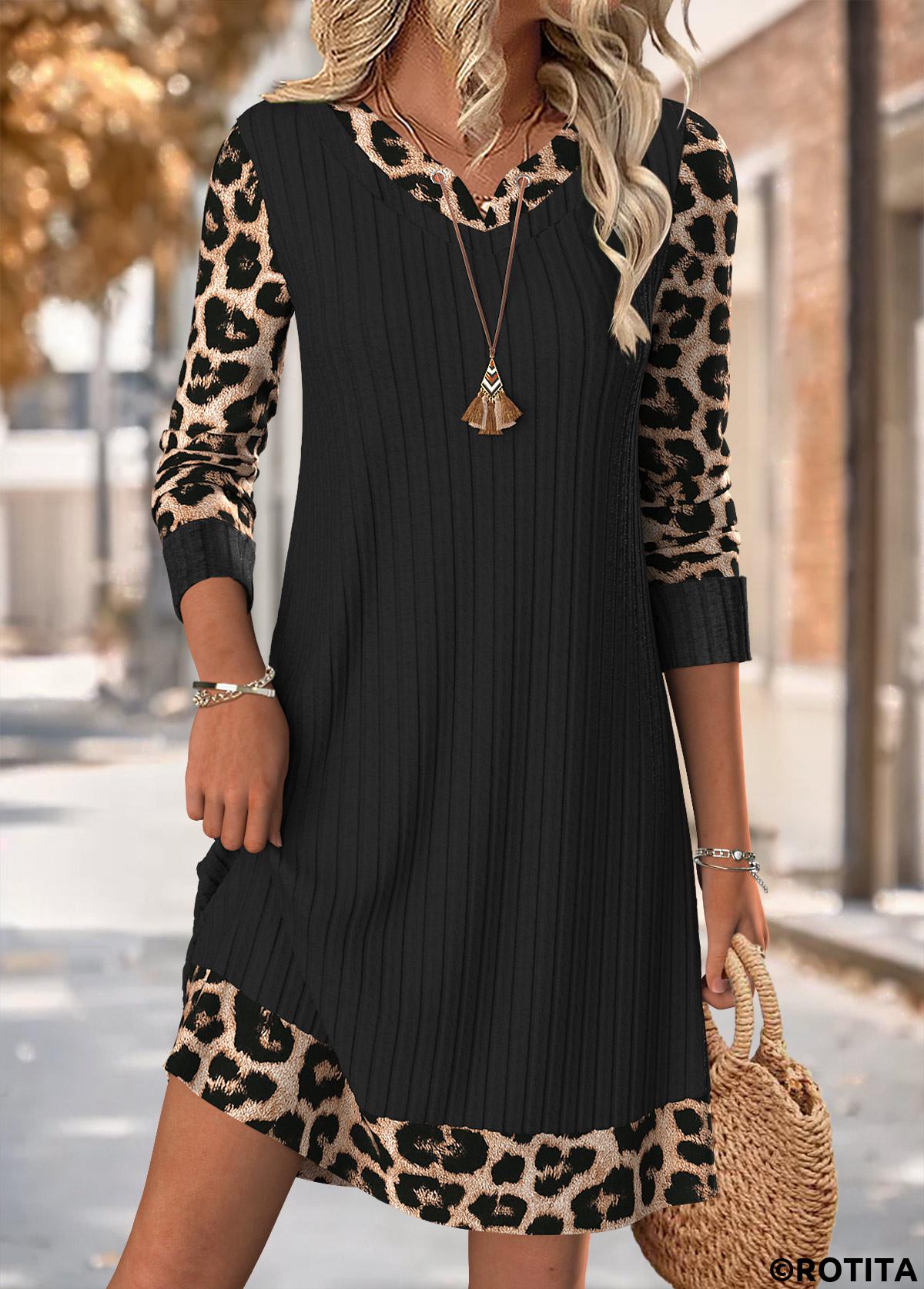 Black dresses,Leopard dresses,Animal Print dresses,Everyday dresses,Casual dresses,ROTITA Tummy Coverage Leopard Black Short Split Neck Dress