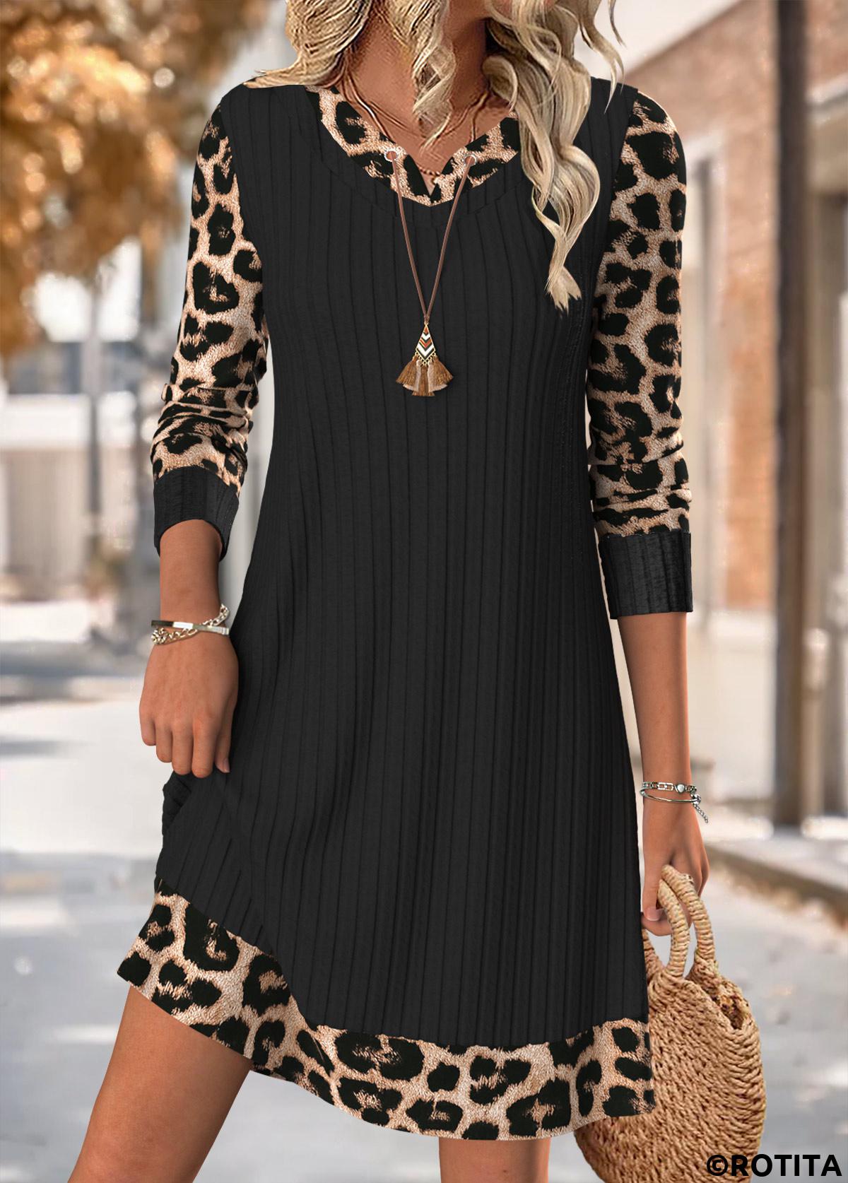 Black dresses,Leopard dresses,Animal Print dresses,Everyday dresses,Casual dresses,ROTITA Tummy Coverage Leopard Black Short Split Neck Dress