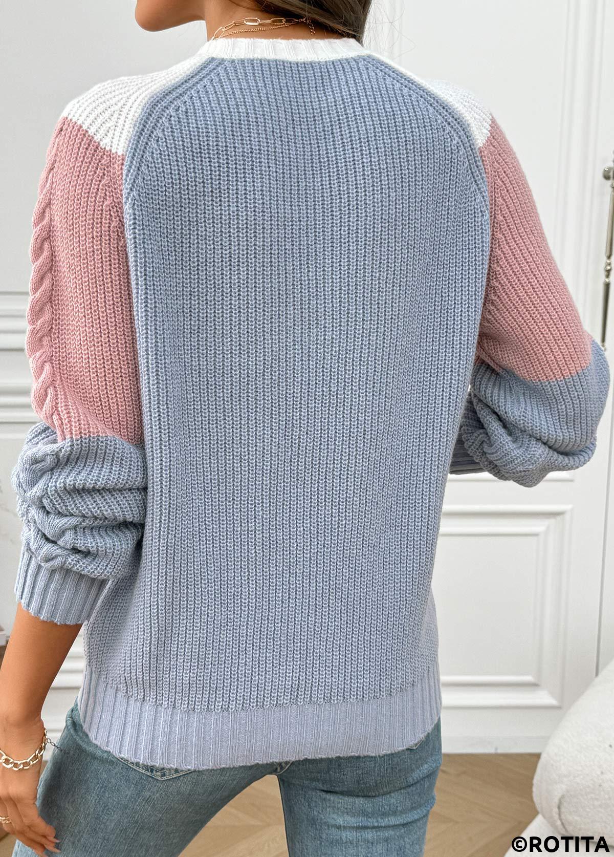 Pink tops,Contrast Color tops,Pink Round Neck Long Sleeve Sweater