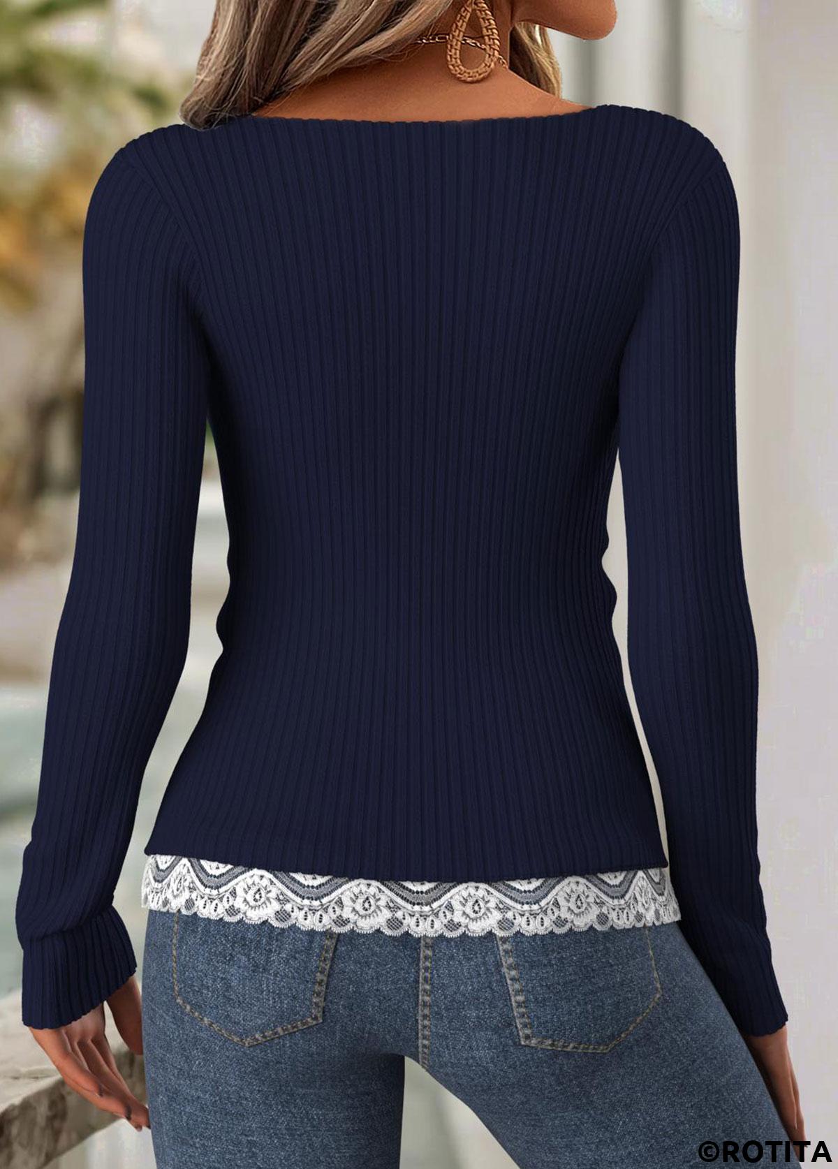 Navy tops,Plain Color tops,ROTITA Tummy Coverage Navy Scoop Neck Long Sleeve T Shirt