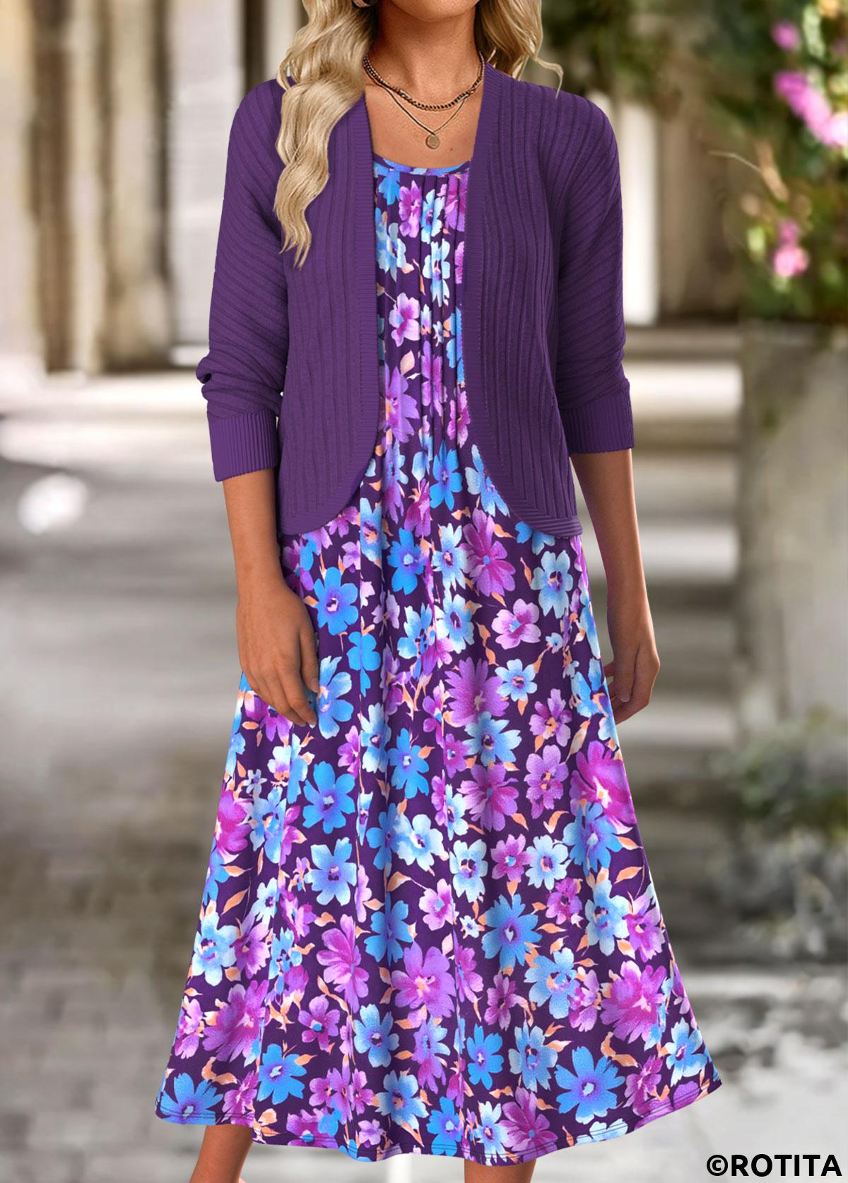 Purple dresses,Floral dresses,Plants dresses,Everyday dresses,Casual dresses,ROTITA Tummy Coverage Floral Print Purple Dress and Cardigan