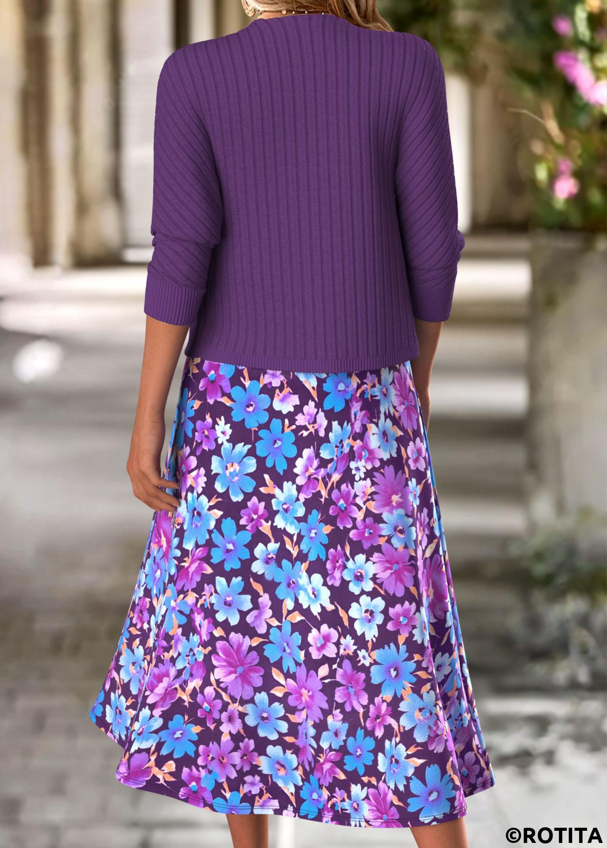 Purple dresses,Floral dresses,Plants dresses,Everyday dresses,Casual dresses,ROTITA Tummy Coverage Floral Print Purple Dress and Cardigan