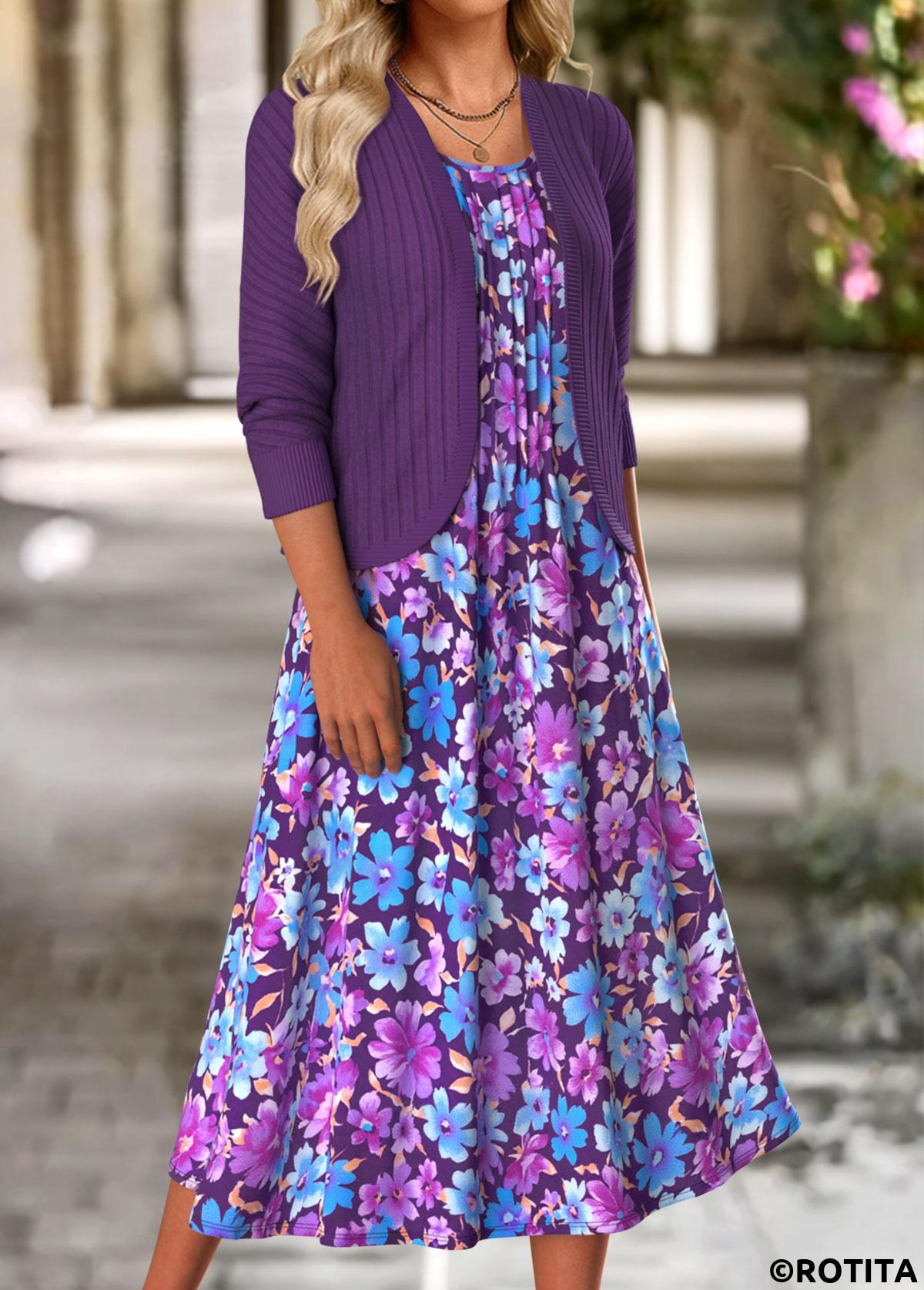 Purple dresses,Floral dresses,Plants dresses,Everyday dresses,Casual dresses,ROTITA Tummy Coverage Floral Print Purple Dress and Cardigan