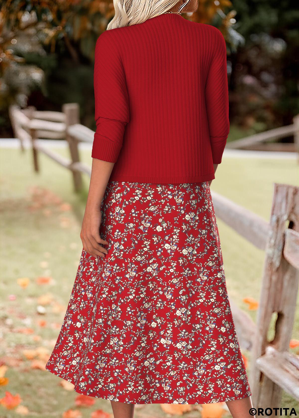 Wine Red dresses,Floral dresses,Plants dresses,Everyday dresses,Casual dresses,ROTITA Tummy Coverage Floral Print Wine Red Dress and Cardigan