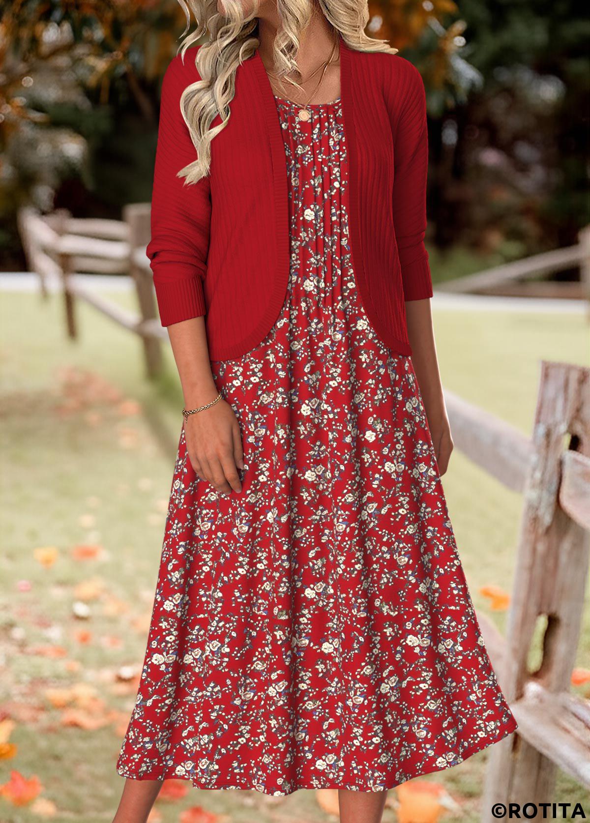 Wine Red dresses,Floral dresses,Plants dresses,Everyday dresses,Casual dresses,ROTITA Tummy Coverage Floral Print Wine Red Dress and Cardigan