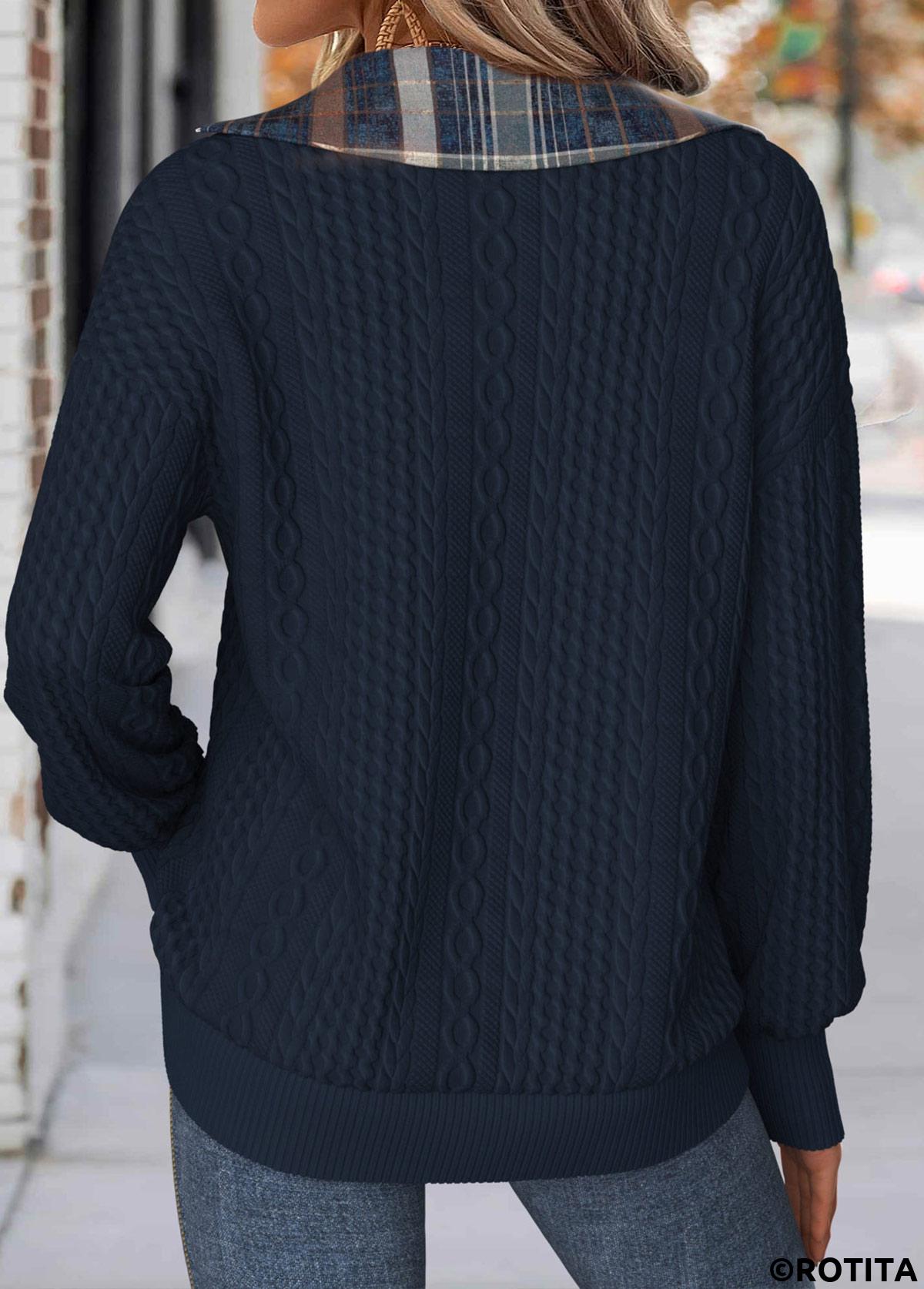 Navy tops,Plaid tops,Geometric tops,ROTITA Tummy Coverage Plaid Navy Turn Down Collar Sweatshirt