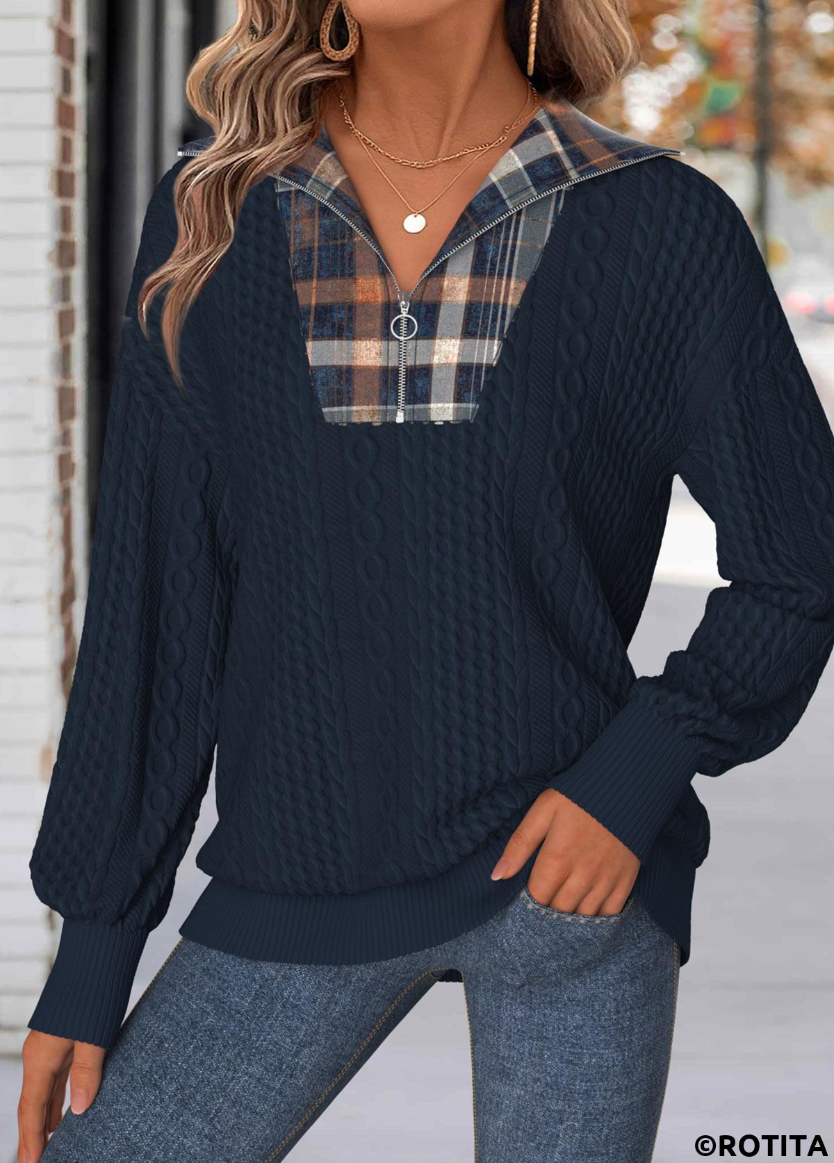 Navy tops,Plaid tops,Geometric tops,ROTITA Tummy Coverage Plaid Navy Turn Down Collar Sweatshirt