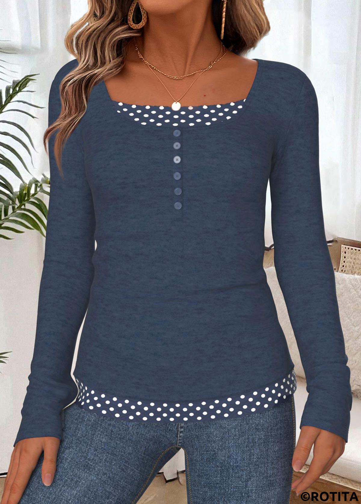 Navy tops,Dot tops,ROTITA Tummy Coverage Polka Dot Navy Round Neck T Shirt