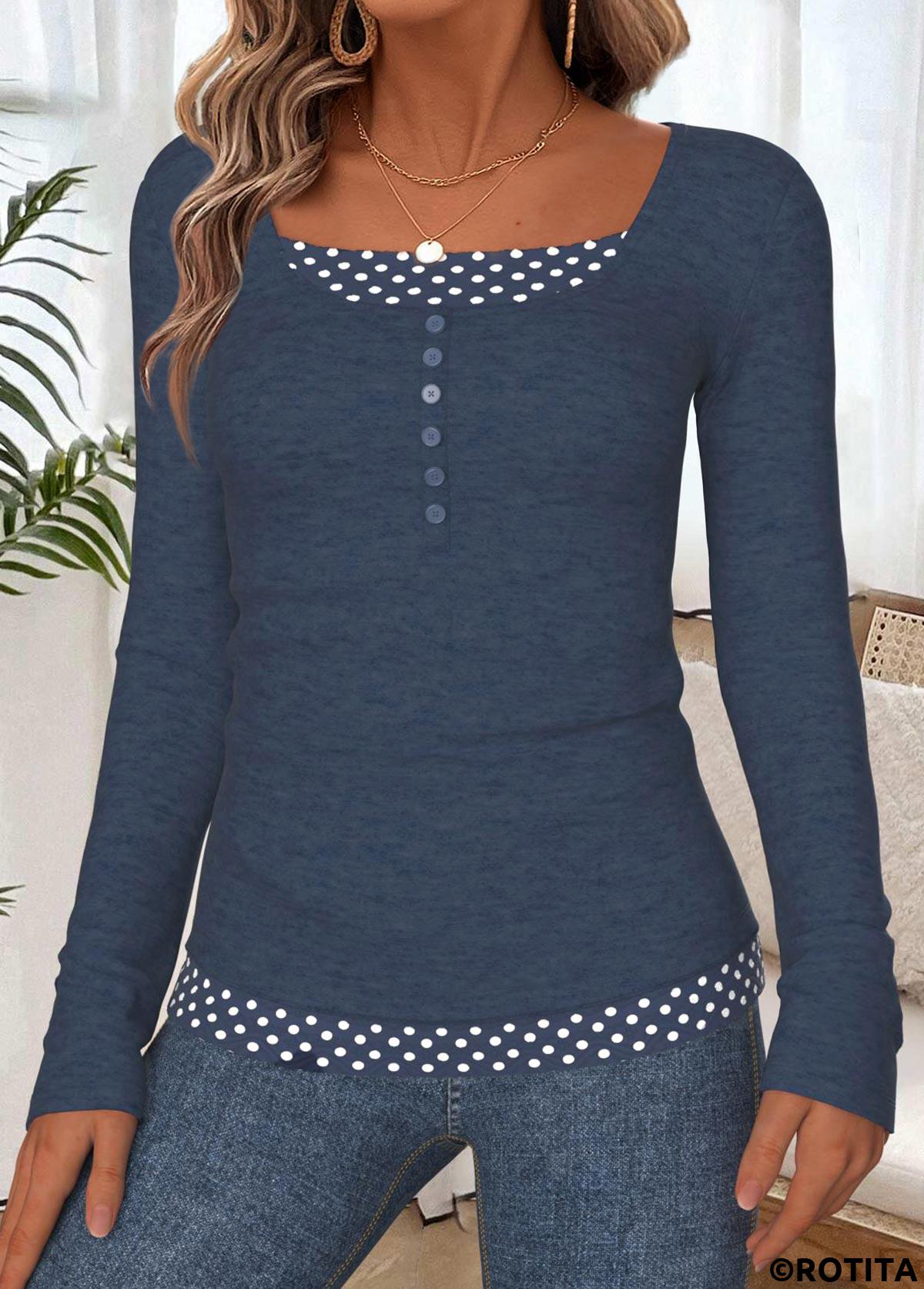 Navy tops,Dot tops,ROTITA Tummy Coverage Polka Dot Navy Round Neck T Shirt