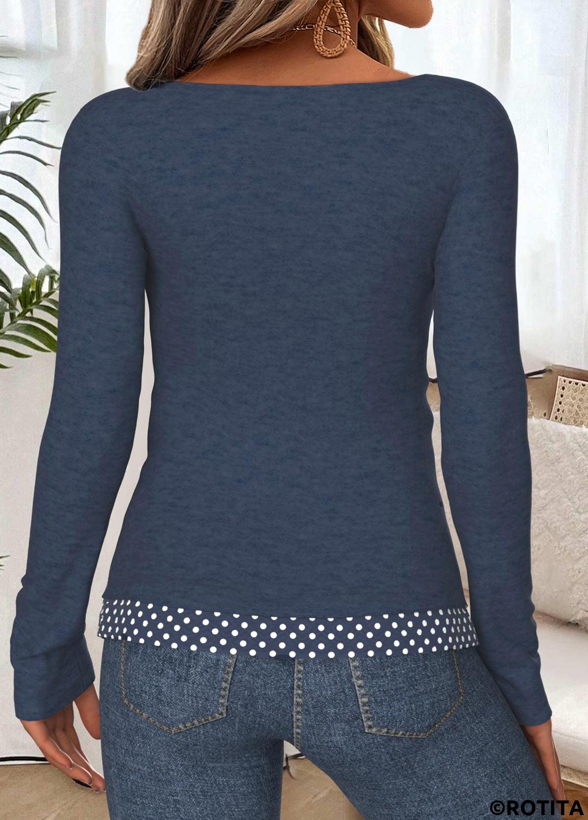 Navy tops,Dot tops,ROTITA Tummy Coverage Polka Dot Navy Round Neck T Shirt