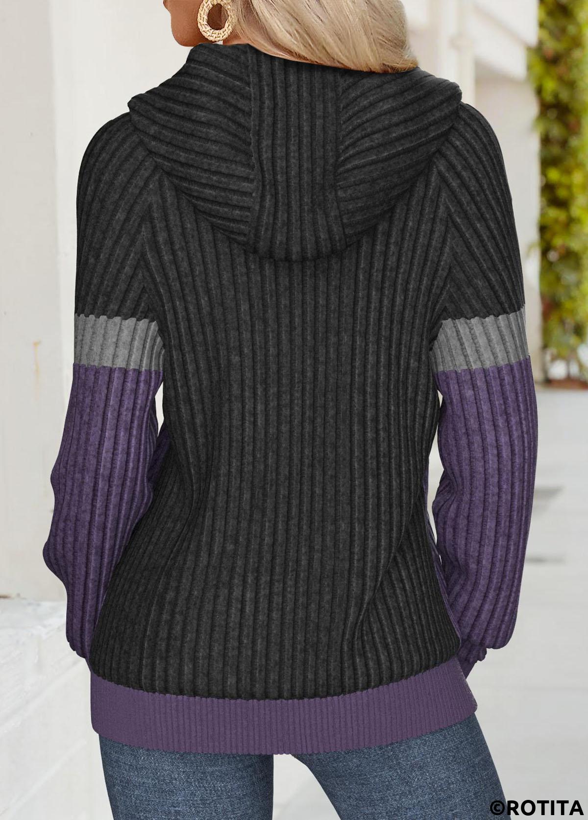 Dark Purple tops,Contrast Color tops,ROTITA Tummy Coverage Dark Purple Long Sleeve Hoodie