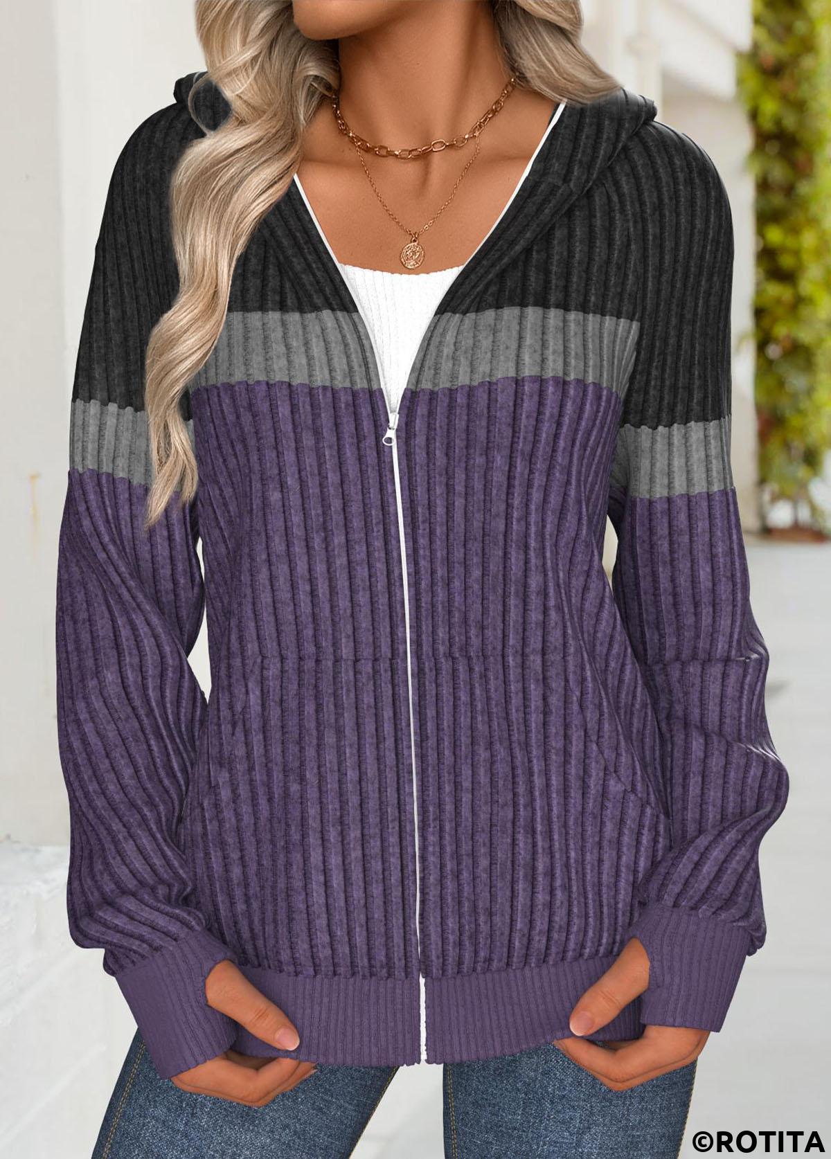 Dark Purple tops,Contrast Color tops,ROTITA Tummy Coverage Dark Purple Long Sleeve Hoodie