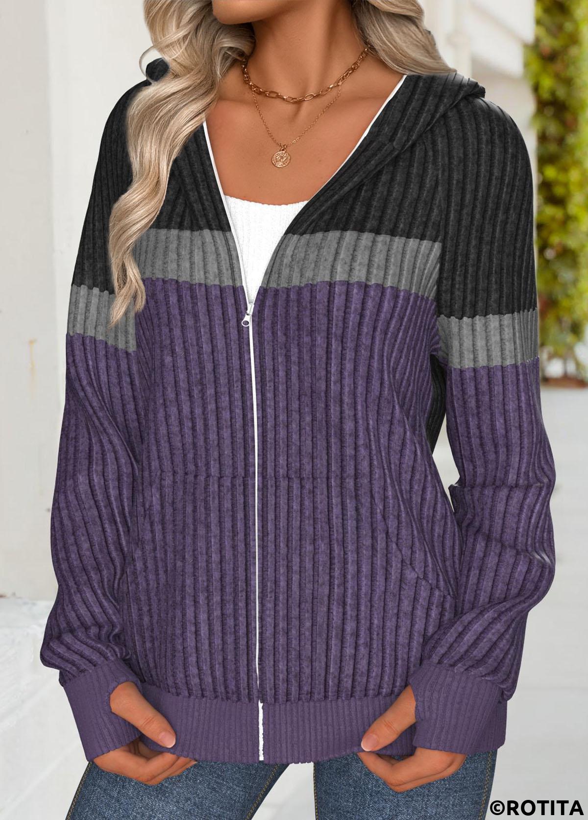 Dark Purple tops,Contrast Color tops,ROTITA Tummy Coverage Dark Purple Long Sleeve Hoodie