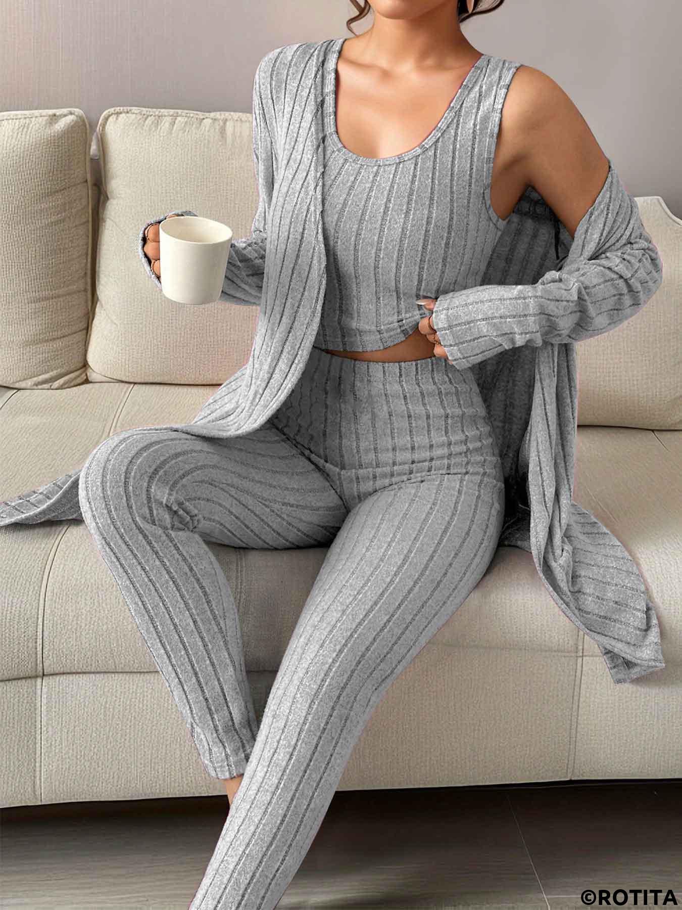 Grey loungewear,Plain Color loungewear,Grey V Neck Lounge Top and Pants and Cardigan