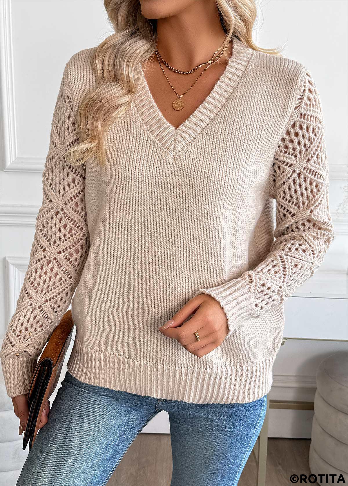 Light Camel tops,Plain Color tops,Tummy Coverage Light Camel V Neck Long Sleeve Sweater