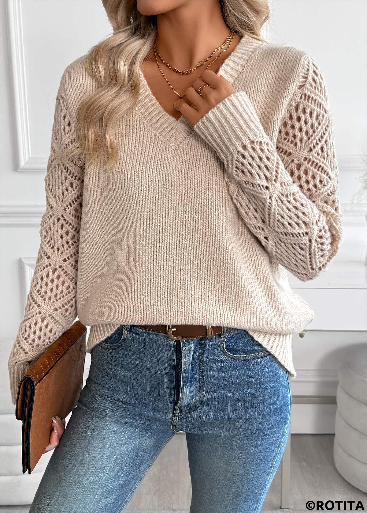 Light Camel tops,Plain Color tops,Tummy Coverage Light Camel V Neck Long Sleeve Sweater