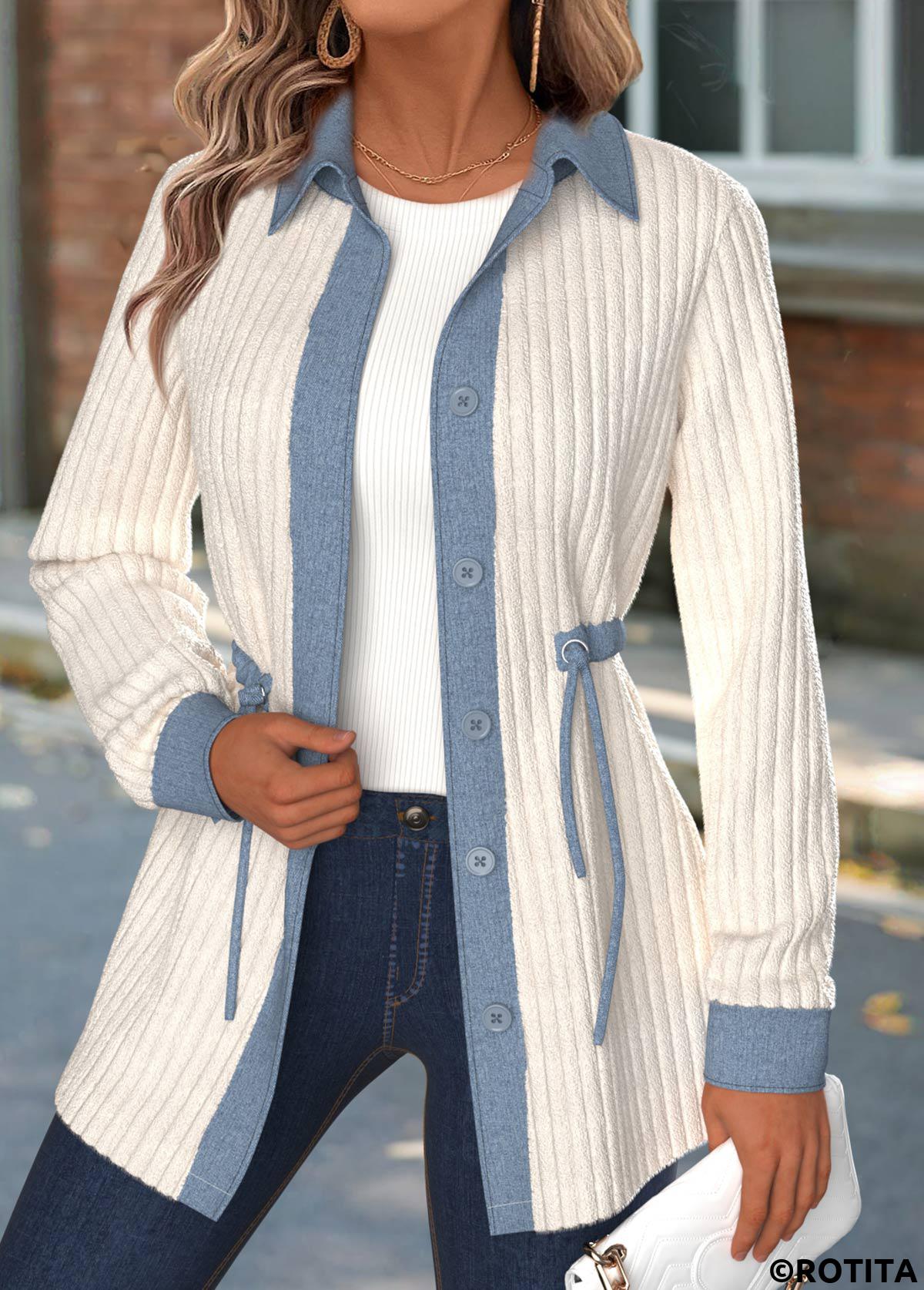 Beige tops,Plain Color tops,ROTITA Tummy Coverage Beige Shirt Collar Long Sleeve Coat