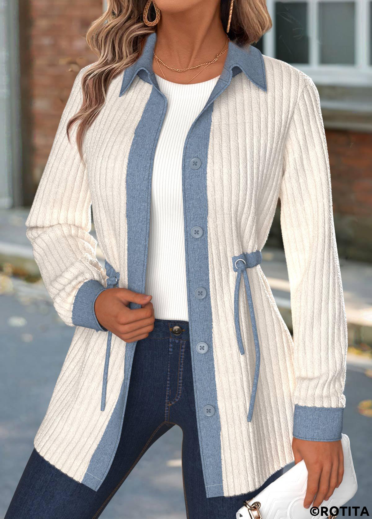 Beige tops,Plain Color tops,ROTITA Tummy Coverage Beige Shirt Collar Long Sleeve Coat