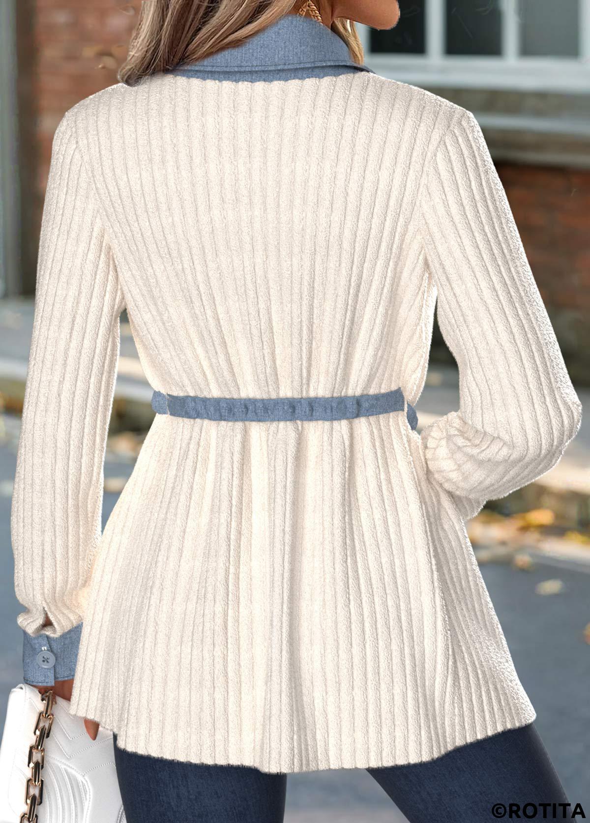 Beige tops,Plain Color tops,ROTITA Tummy Coverage Beige Shirt Collar Long Sleeve Coat