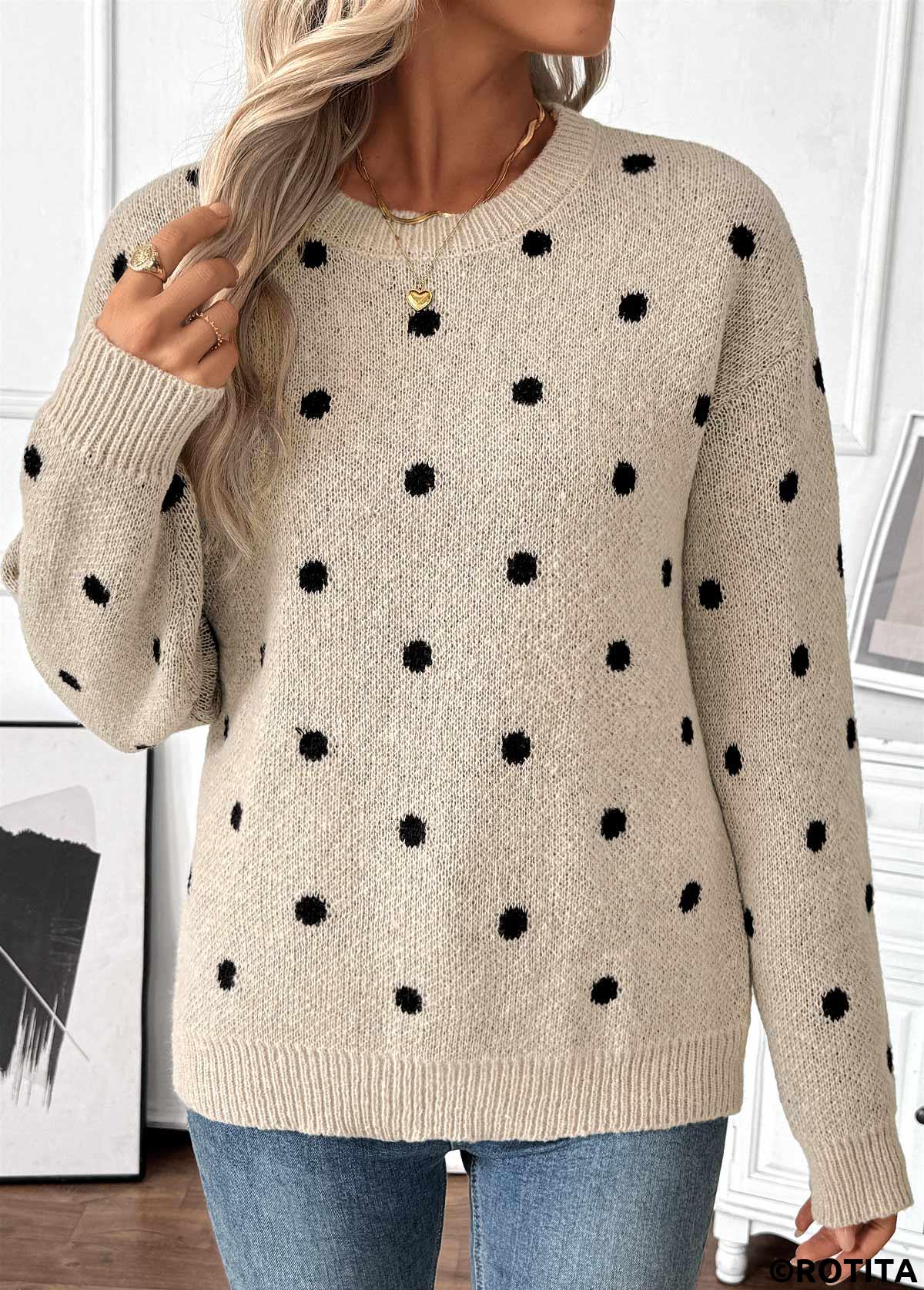 Light Camel tops,Dot tops,Tummy Coverage Polka Dot Light Camel Round Neck Sweater