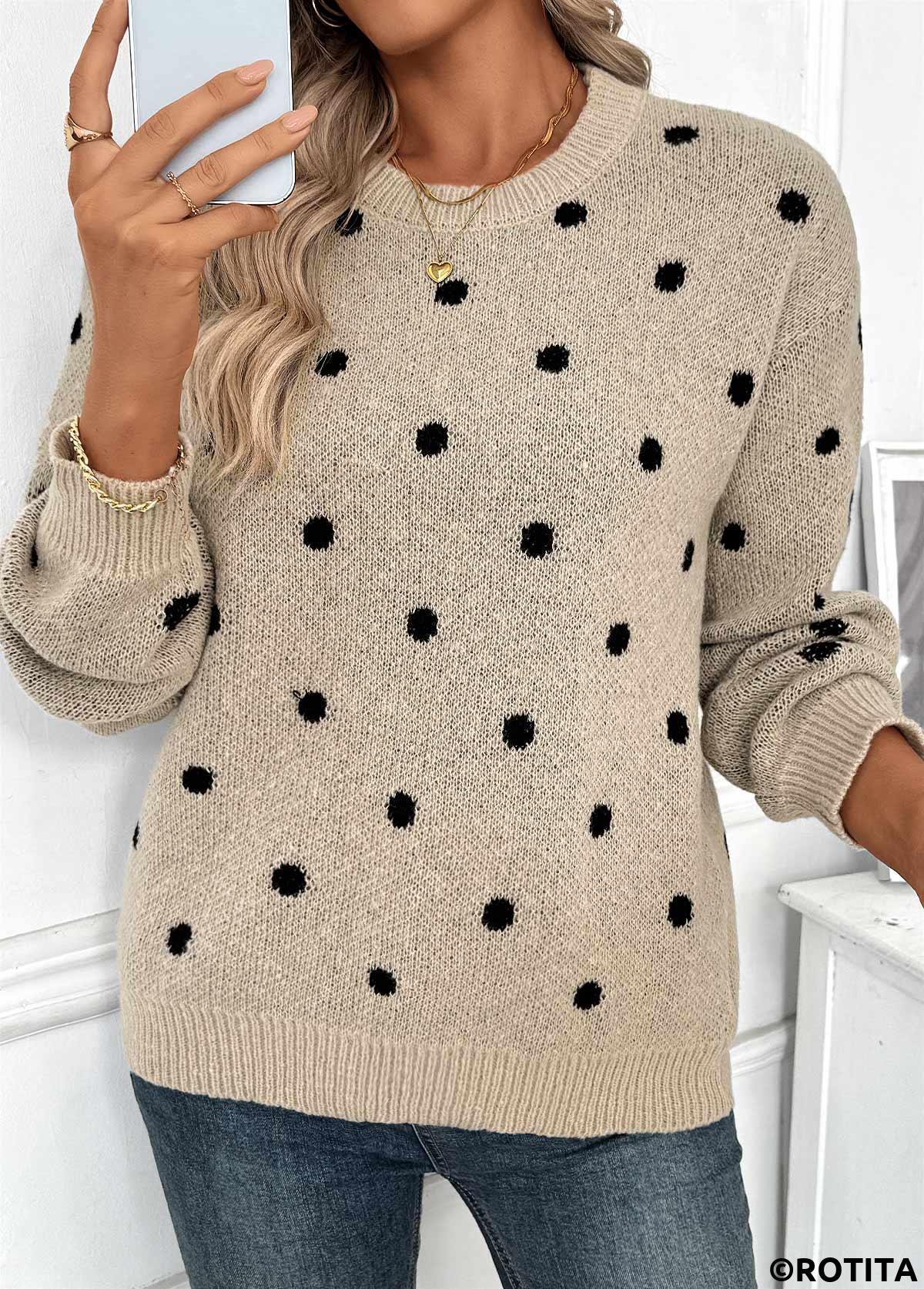 Light Camel tops,Dot tops,Tummy Coverage Polka Dot Light Camel Round Neck Sweater
