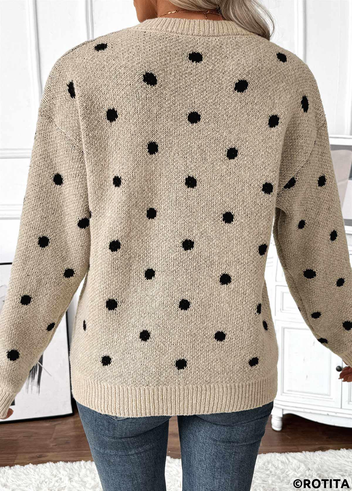 Light Camel tops,Dot tops,Tummy Coverage Polka Dot Light Camel Round Neck Sweater