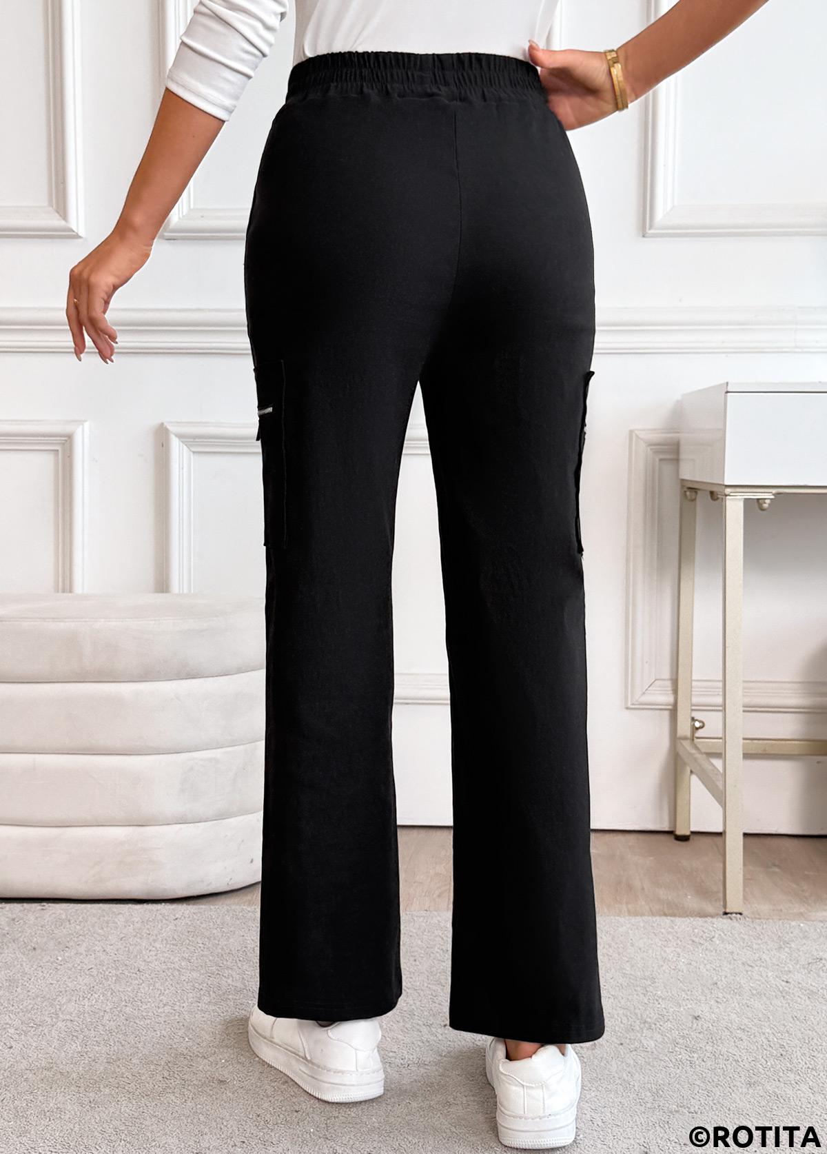 Black bottoms,Plain Color bottoms,Pocket Black Straight Leg Elastic Waist High Waisted Pants