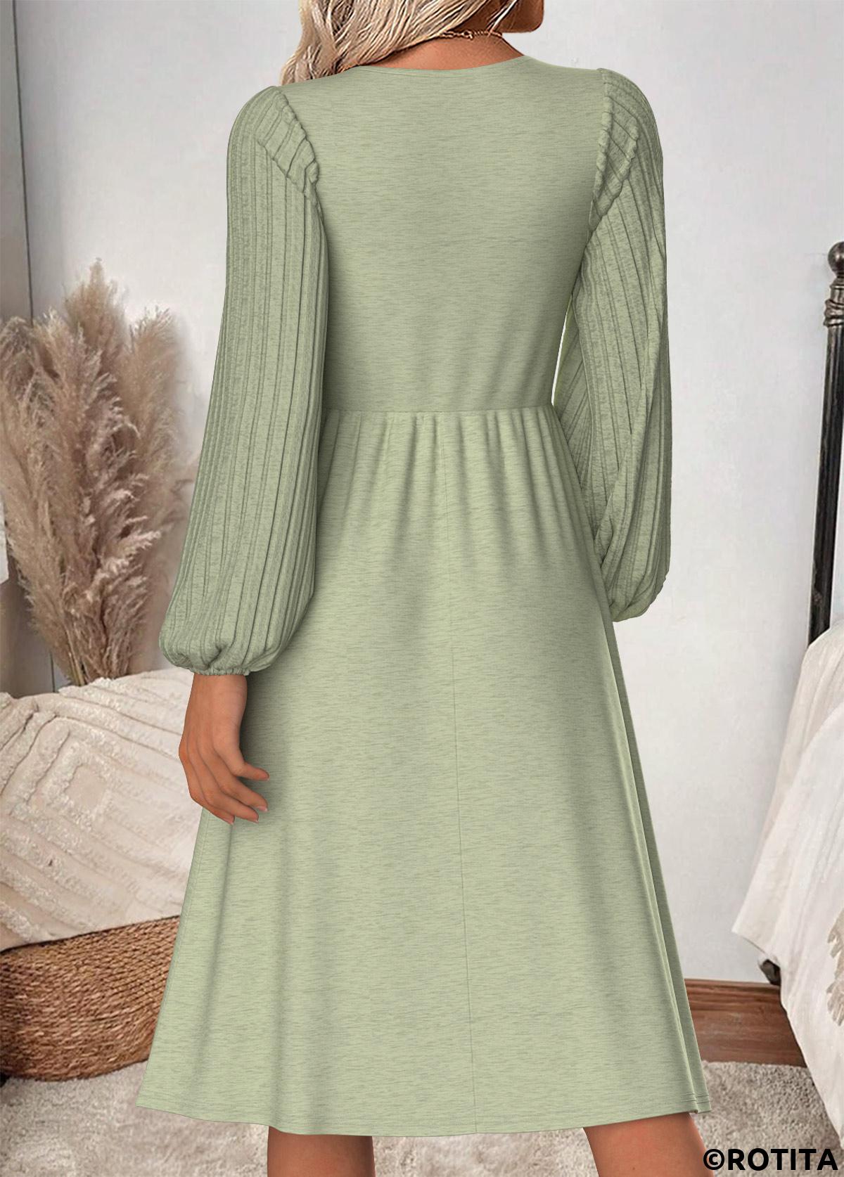 Sage Green dresses,Plain Color dresses,Everyday dresses,Casual dresses,ROTITA Tummy Coverage Sage Green V Neck Long Sleeve Dress