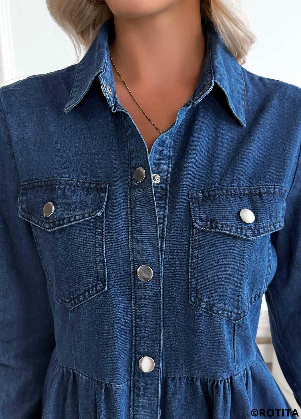 Denim Blue dresses,Plain Color dresses,Everyday dresses,Casual dresses,Tummy Coverage Denim Blue Shirt Collar Long Sleeve Dress