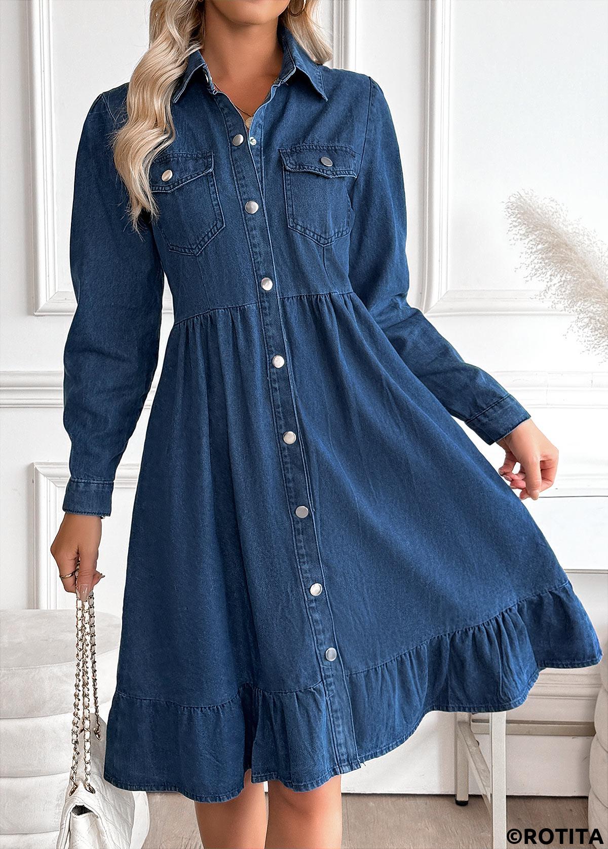 Denim Blue dresses,Plain Color dresses,Everyday dresses,Casual dresses,Tummy Coverage Denim Blue Shirt Collar Long Sleeve Dress