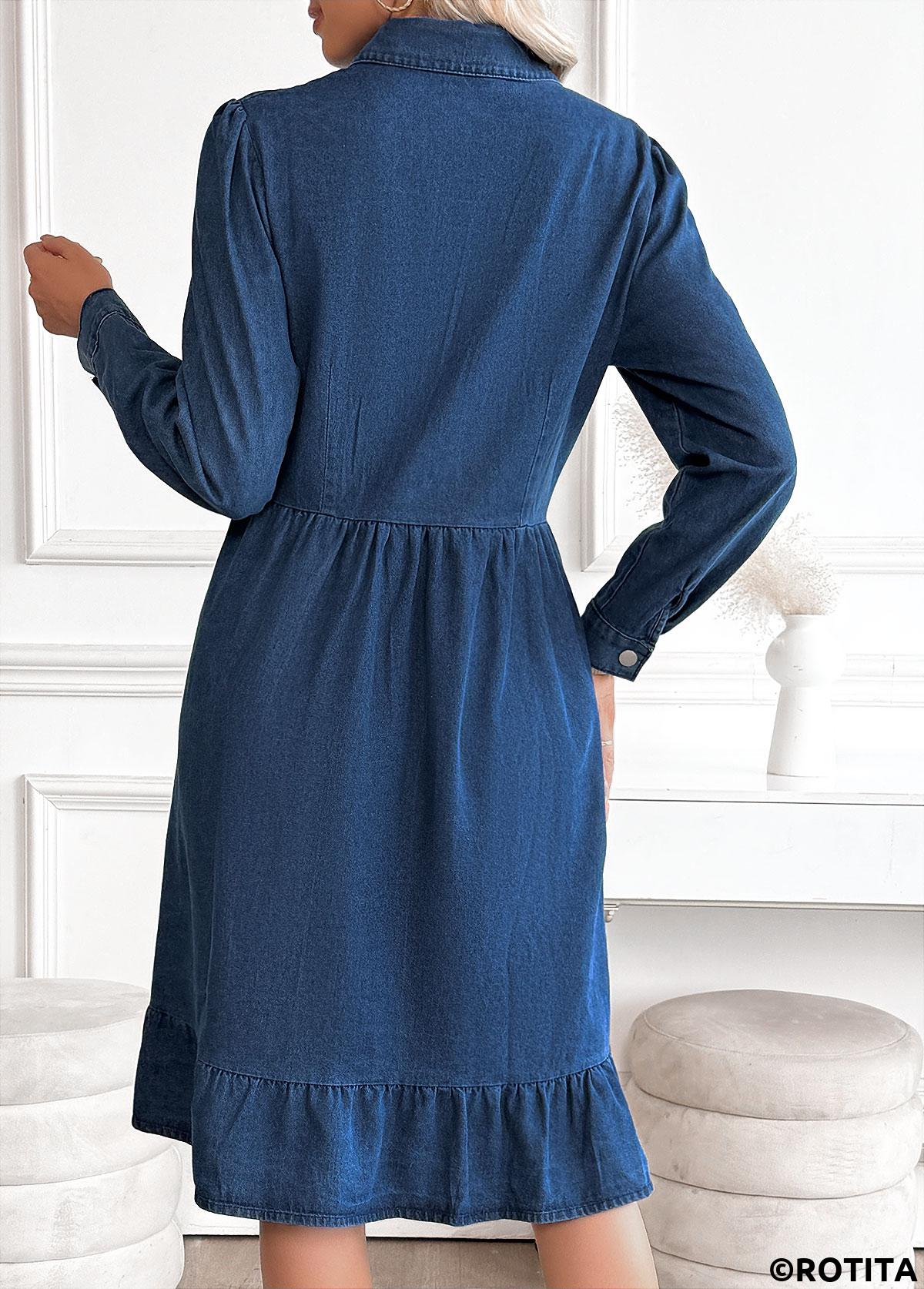 Denim Blue dresses,Plain Color dresses,Everyday dresses,Casual dresses,Tummy Coverage Denim Blue Shirt Collar Long Sleeve Dress