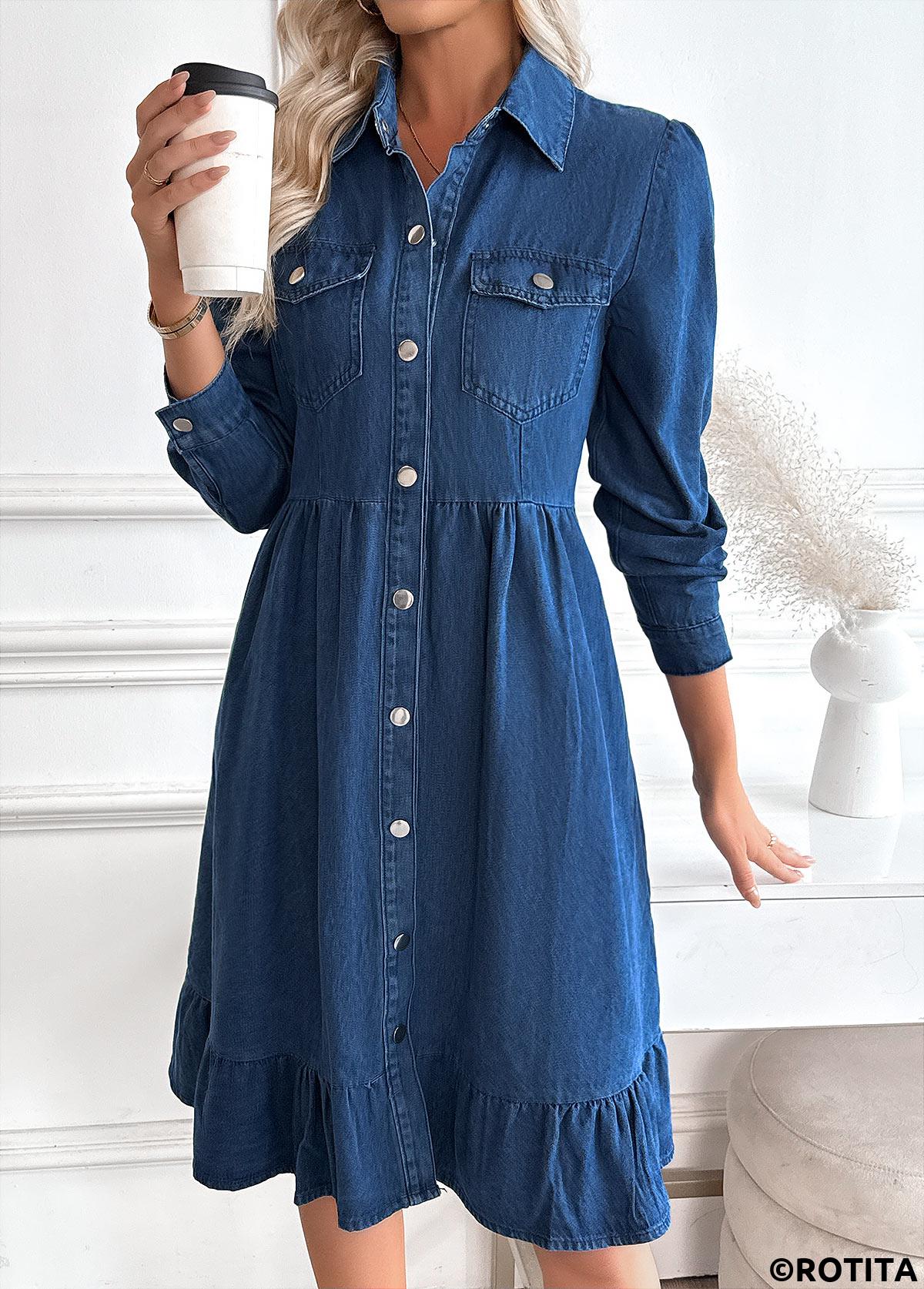 Denim Blue dresses,Plain Color dresses,Everyday dresses,Casual dresses,Tummy Coverage Denim Blue Shirt Collar Long Sleeve Dress