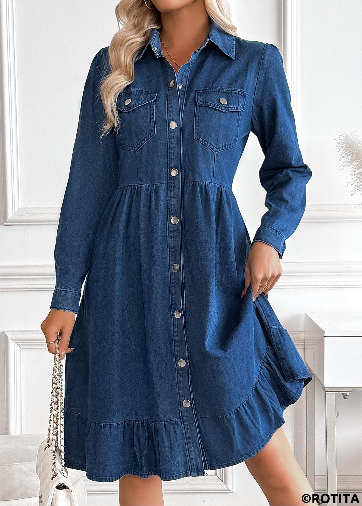 Denim Blue dresses,Plain Color dresses,Everyday dresses,Casual dresses,Tummy Coverage Denim Blue Shirt Collar Long Sleeve Dress