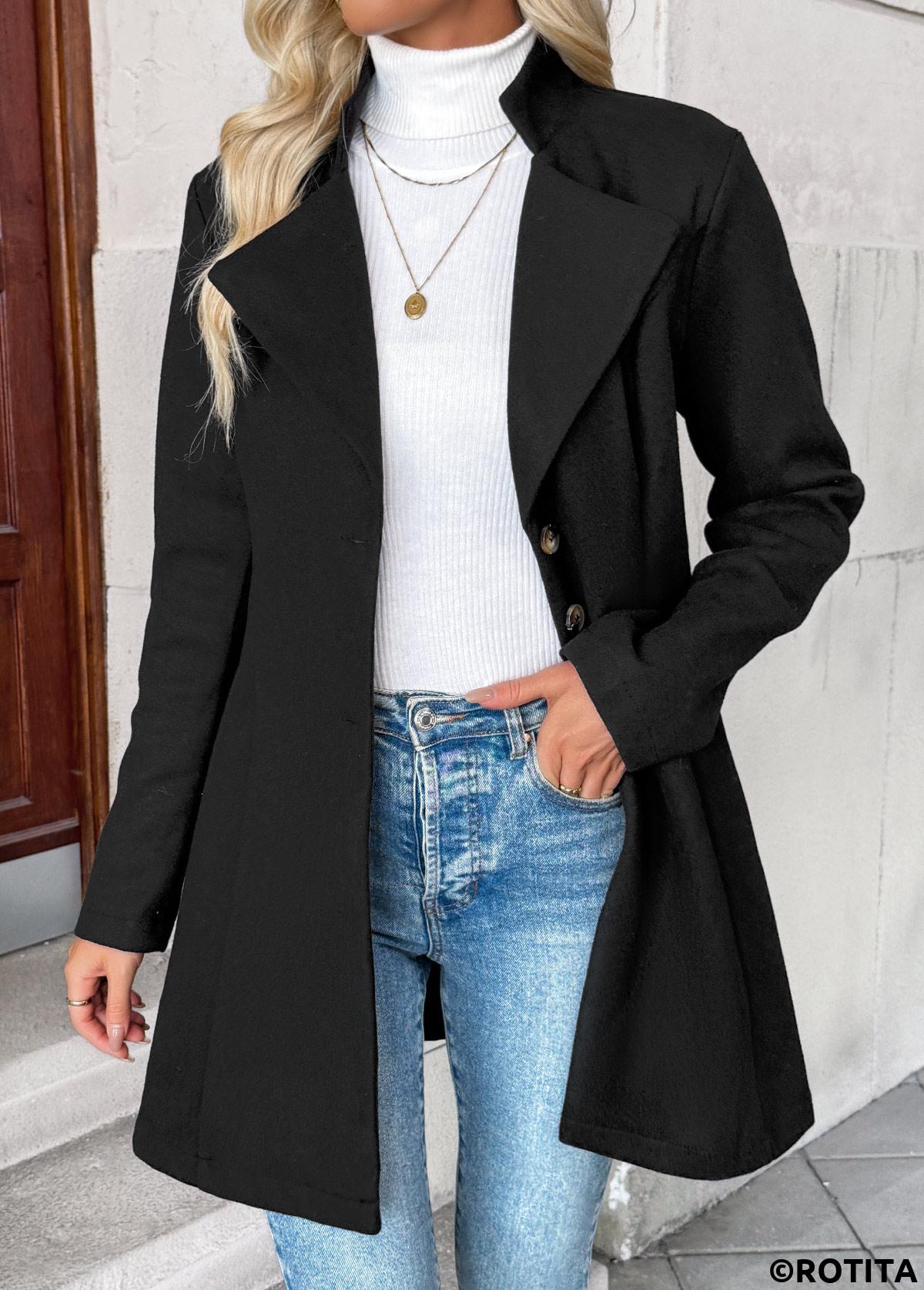 Black tops,Plain Color tops,Tummy Coverage Black Lapel Long Sleeve Coat