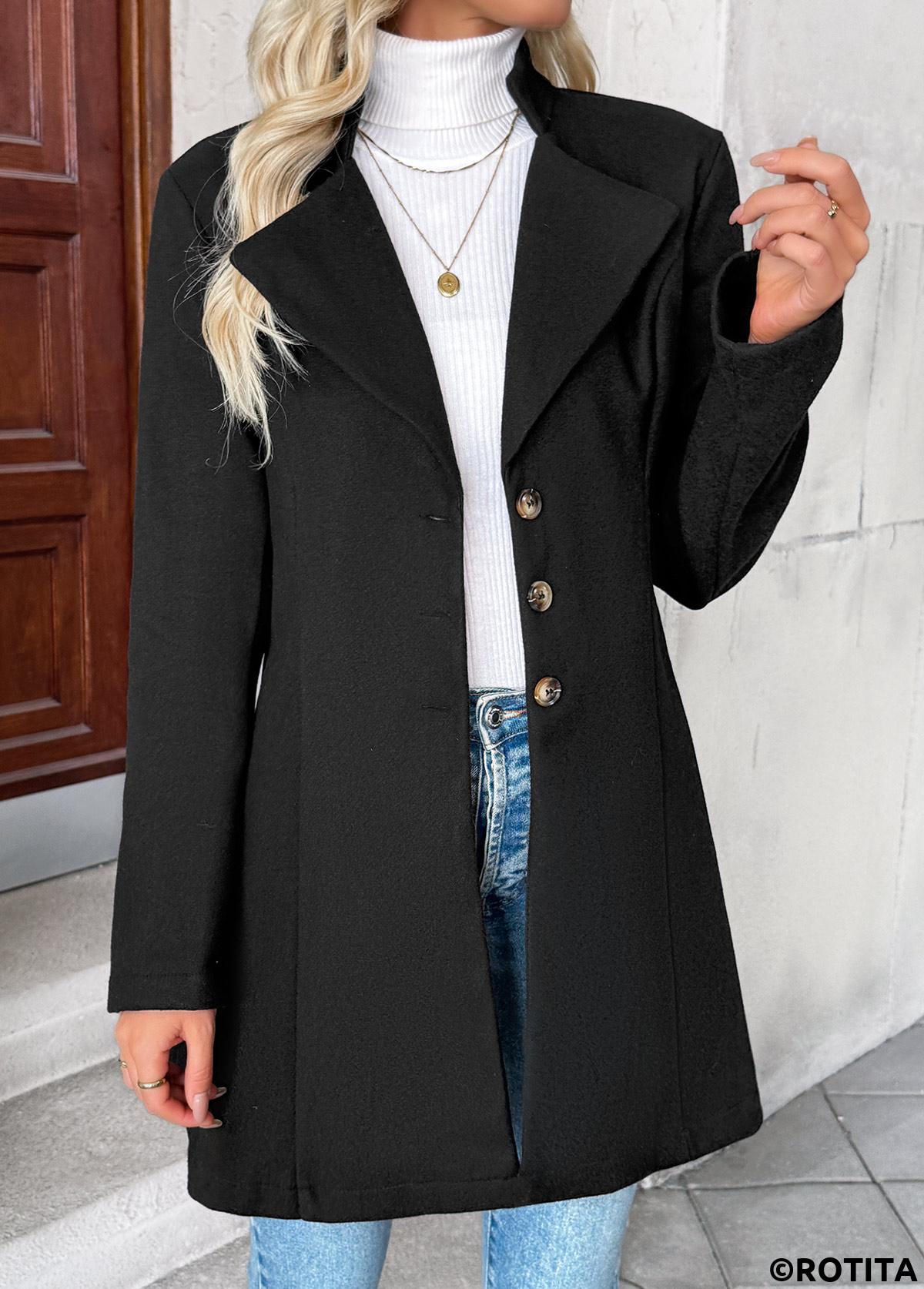 Black tops,Plain Color tops,Tummy Coverage Black Lapel Long Sleeve Coat